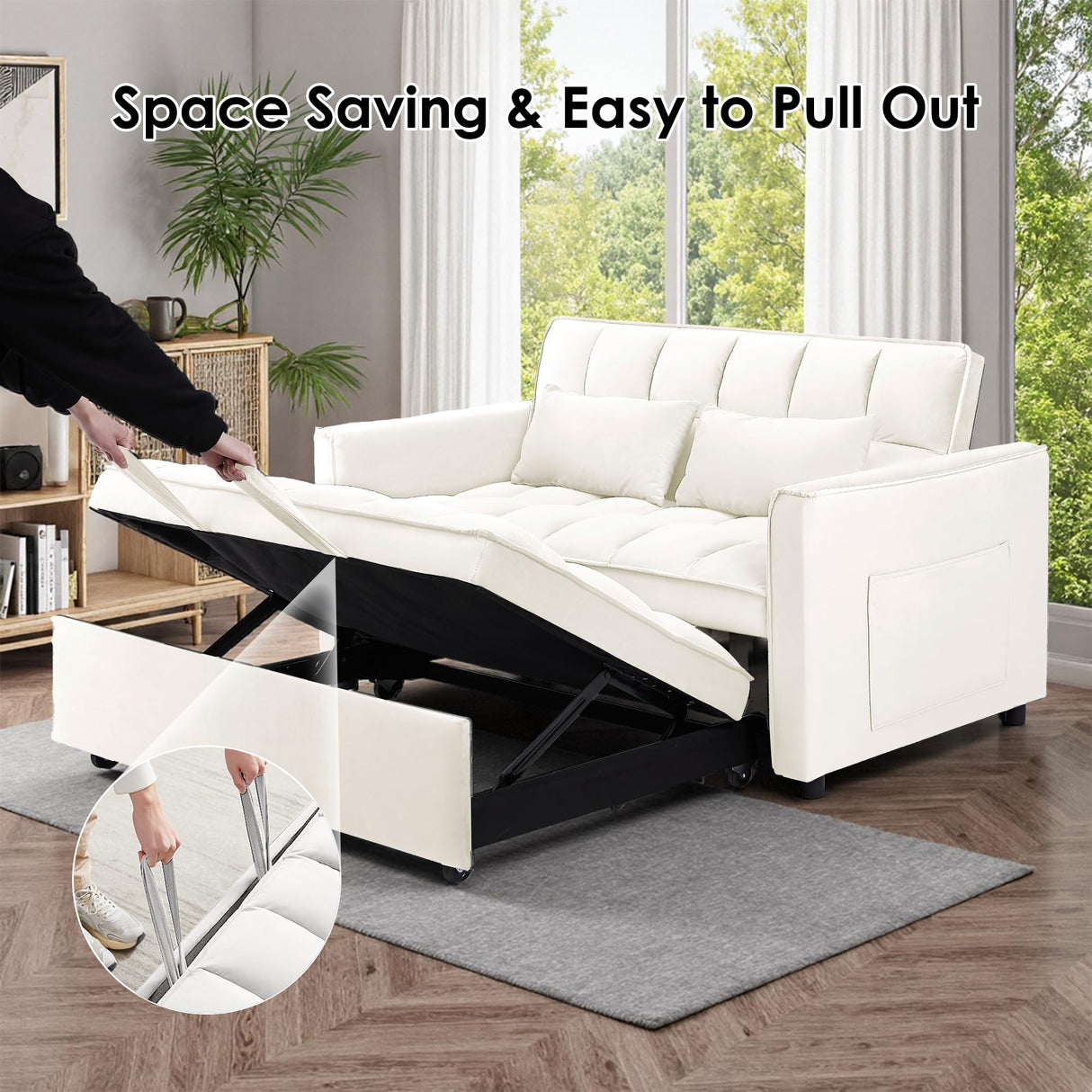 Dreamzie 3 in 1 Convertible Sleeper Sofa Bed, Pull Out Couch for Living Room with Side Pocket, Loveseat Sleeper with Adjustable Backrest (Fabric, White) Dreamzie