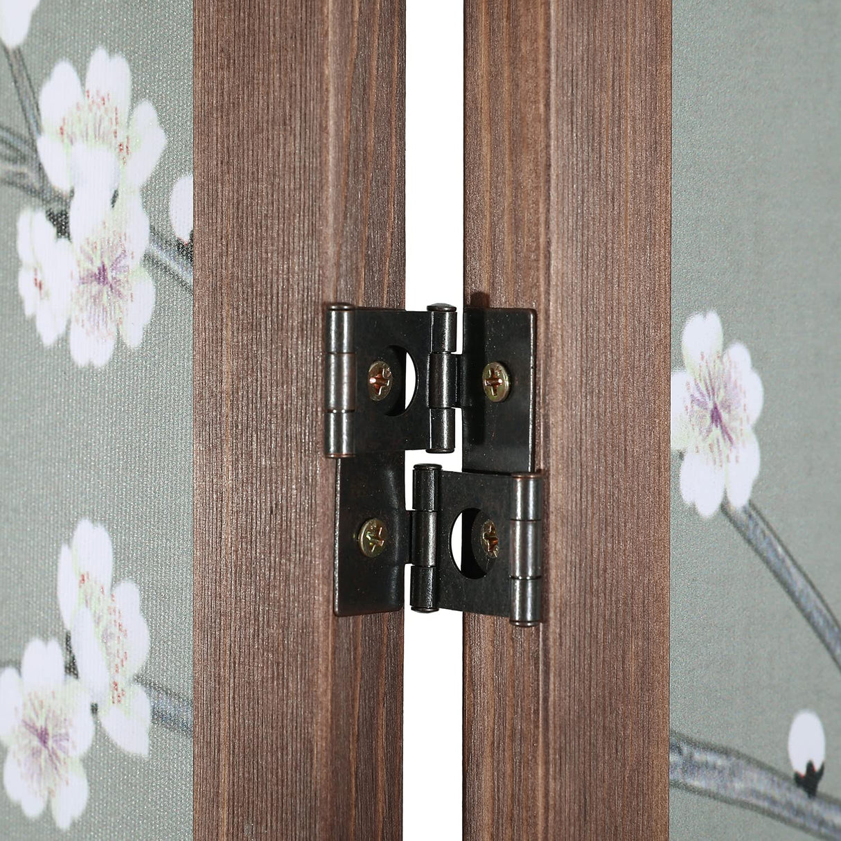 MyGift 4-Panel Asian-Inspired Folding Room Divider with Cherry Blossom Tree & Bird Design Poetry Calligraphy and Brown Wooden Frame MyGift