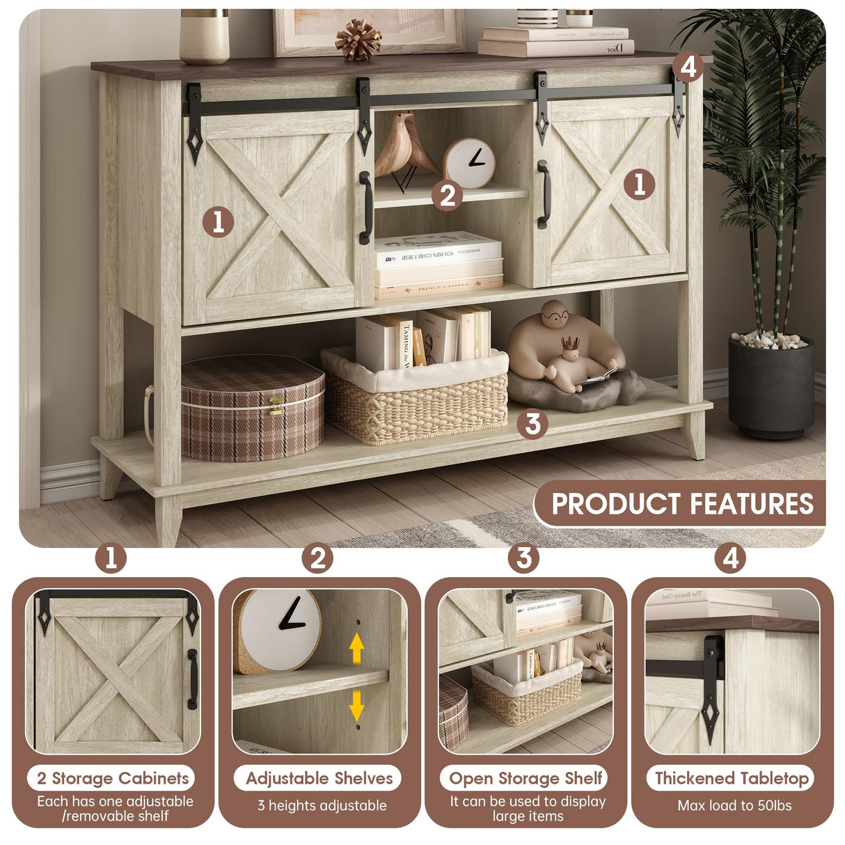 Vabches Entryway Table with 2 Sliding Barn Doors, 46" Farmhouse Console Table with Adjustable Storage Shelf, Sofa Table for Entryway, Hallway, Living Room, Metal Corner Trim & Handles, Rustic White Vabches