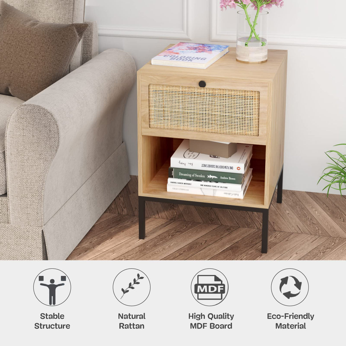 Rattan Nightstand Set of 2, End Table, Bedside Table, Rattan Side Table with Handmade Natural Rattan Decorative Door, Accent Table, Modern Nightstand for Bedroom, Living Room Yechen