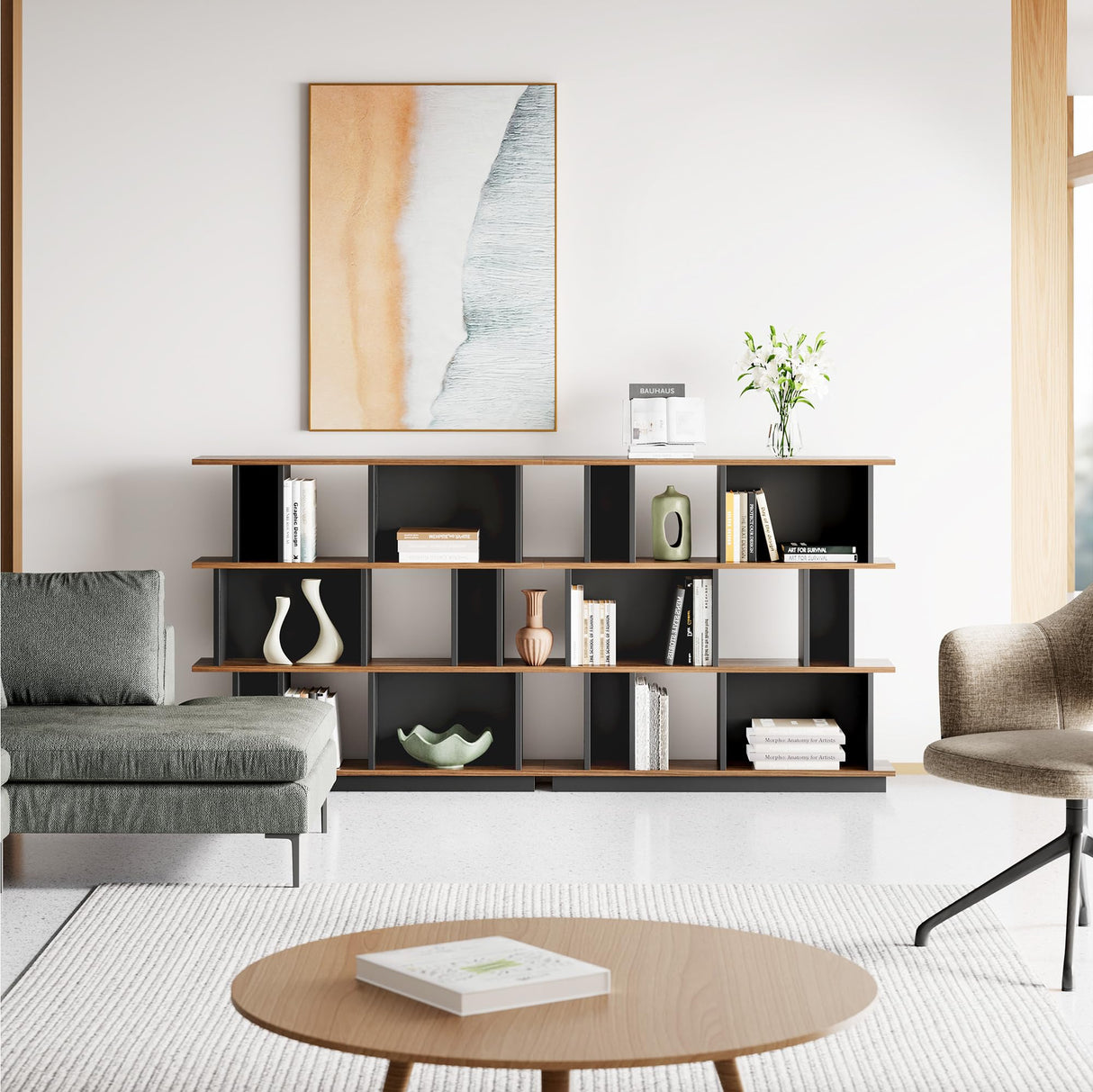 LIKEMET 3-Tier Horizontal Bookcase, 47'' Geometric Bookshelf with Anti-Tipping Kit, Open Modern Room Divider Display Shelf, Storage Organizer Shelf for Bedroom, Living Room, Office LIKEMET