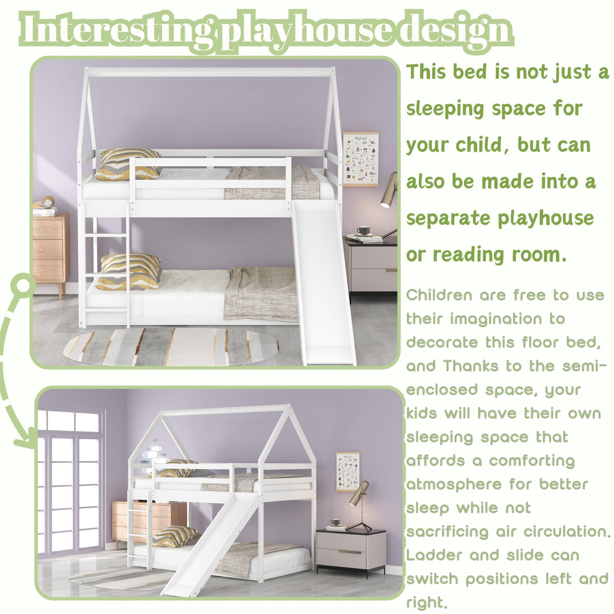 Harper & Bright Designs Twin Bunk Beds for Kids,Wood House Bunk Bed Twin Over Twin,Kids Bunk Bed with Slide and Roof for Girls Boys,Grey Harper & Bright Designs