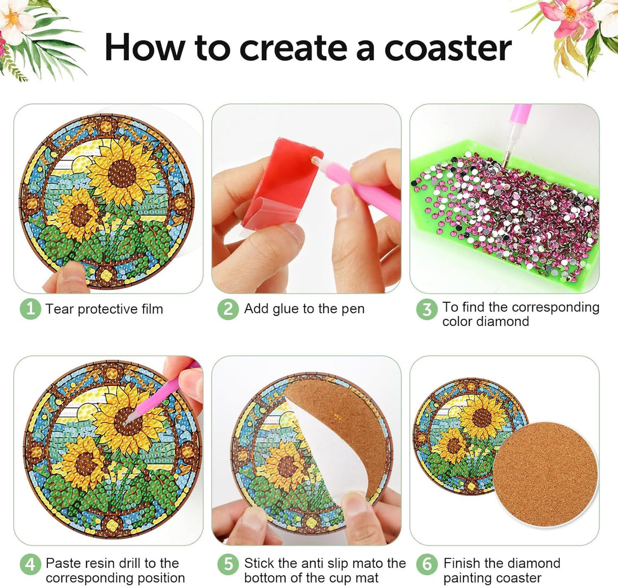 croshom 8 PCS Flowers Diamond Art Coasters Diamond Painting Coasters Kits with Holder Flowers DIY Coaster for Adults Beginners, Diamonds Art Crafts Supplies Sunflowers croshom