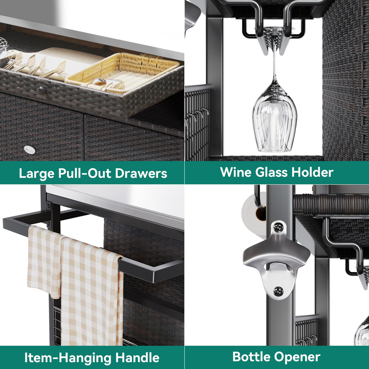 YITAHOME XL Outdoor Kitchen Wicker Island Rolling Cart & Storage Cabinet, Wheels and Stainless Steel Extended Table Top, Side Handle for Patio Kitchen or Bar Cart, Dark Brown YITAHOME