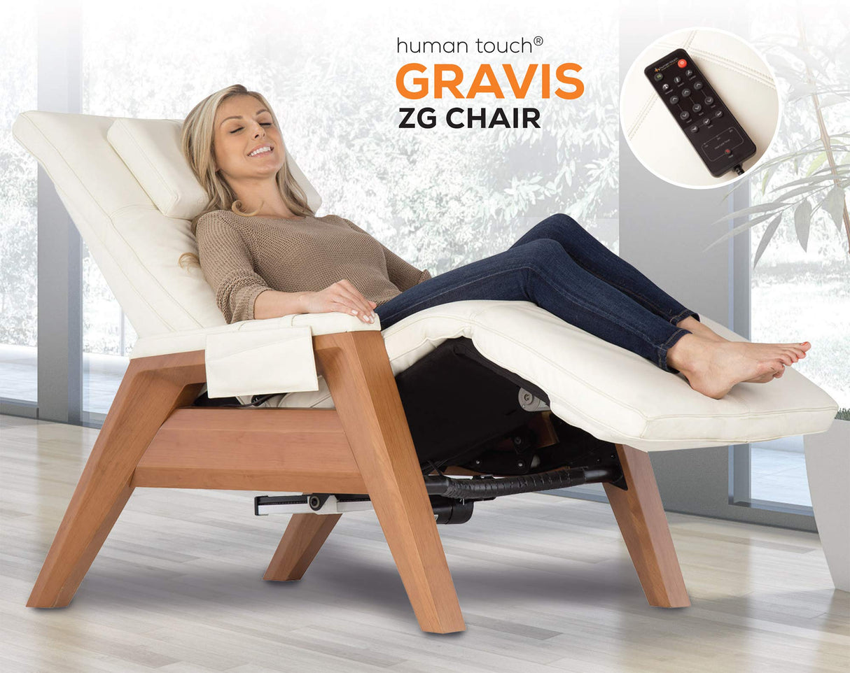 Human Touch Gravis ZG Zero Gravity Leather Massage Chair Recliner with Air Massage and Heat - Beech Wood - Bone Leather Perfect Chair