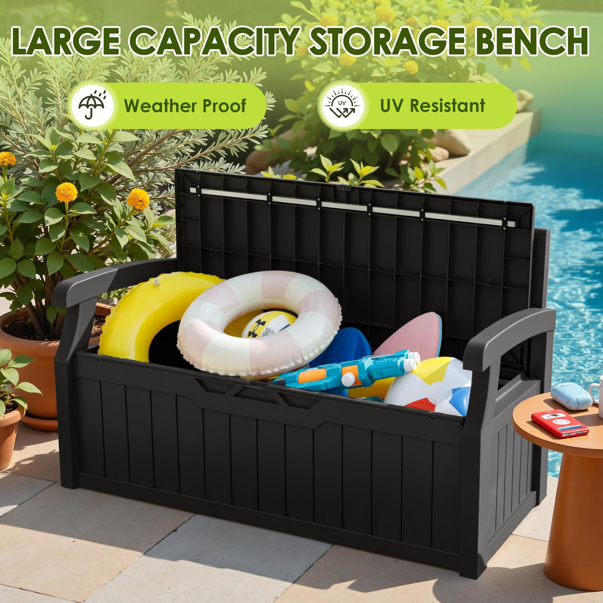 Greesum 80 Gallon Outdoor Storage Bench, Resin Patio Furniture with Armrest,Waterproof and UV-Resistant, Perfect to Garden, Poolside and Lawn, Dark Black Greesum