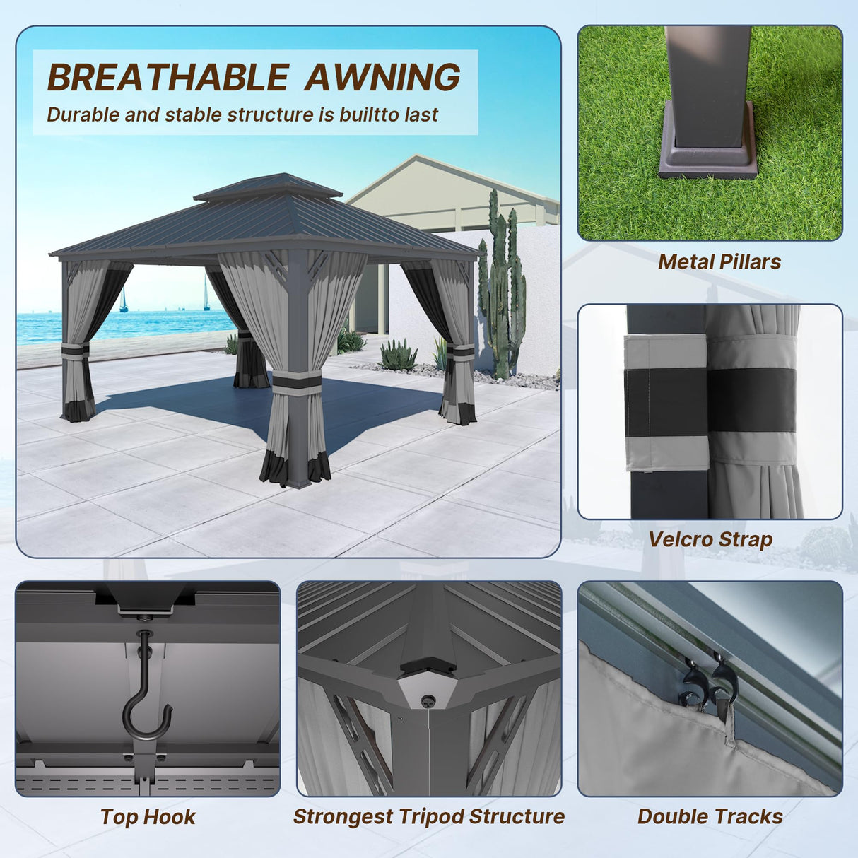 Gotland 12' x 14' Grey Hardtop Gazebo with Curtains and Netting, Double Roof Iron Metal Pergola for Patio, Garden, Lawn Gotland