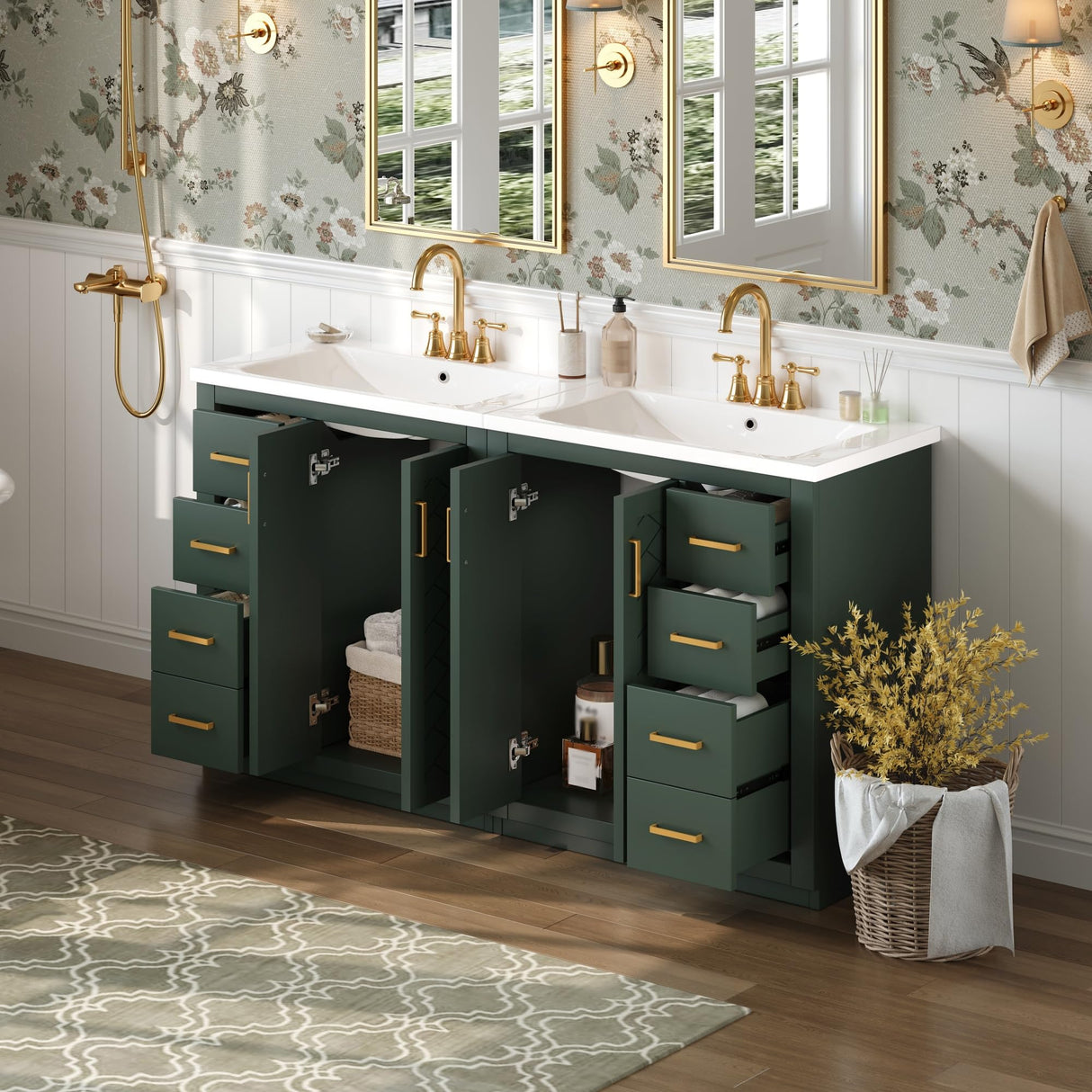Merax 60" Bathroom Double Vanity with Sink Combo,Freestanding Solid Wood Bathroom Storage Cabinet,Single Sink Bathroom Vanity Set Combo,Green Merax