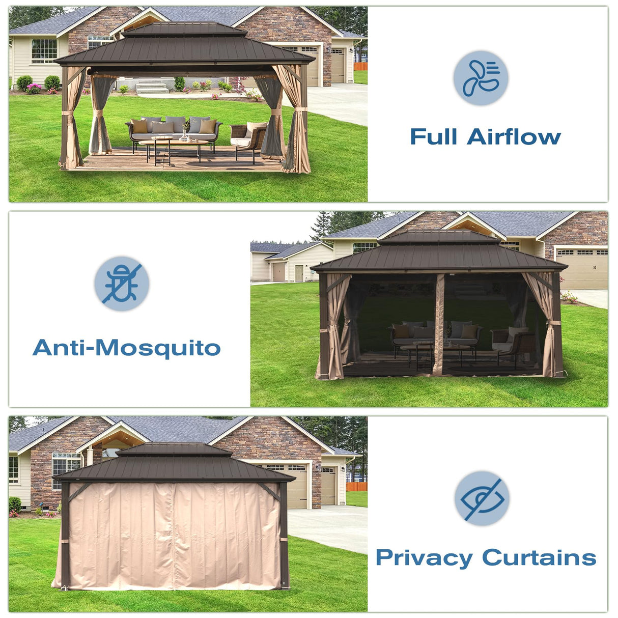 Domi 12' X 16' Hardtop Gazebo, Aluminum Metal Gazebo with Galvanized Steel Double Roof Canopy, Curtain and Netting, Permanent Gazebo Pavilion for Party, Wedding, Outdoor Dining, Brown domi outdoor living