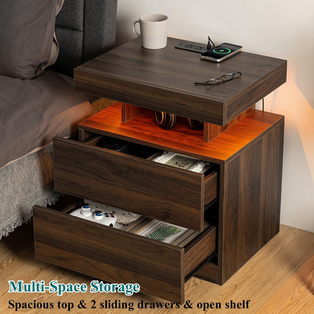 HOMMPA Set of 2 Rustic Nightstand with Wireless Charging Station LED Bedside Table with 2 Drawers End Table with Open Shelf Smart Nightstand Night Stand with Led Light for Bedroom Dark Walnut Wood HOMMPA