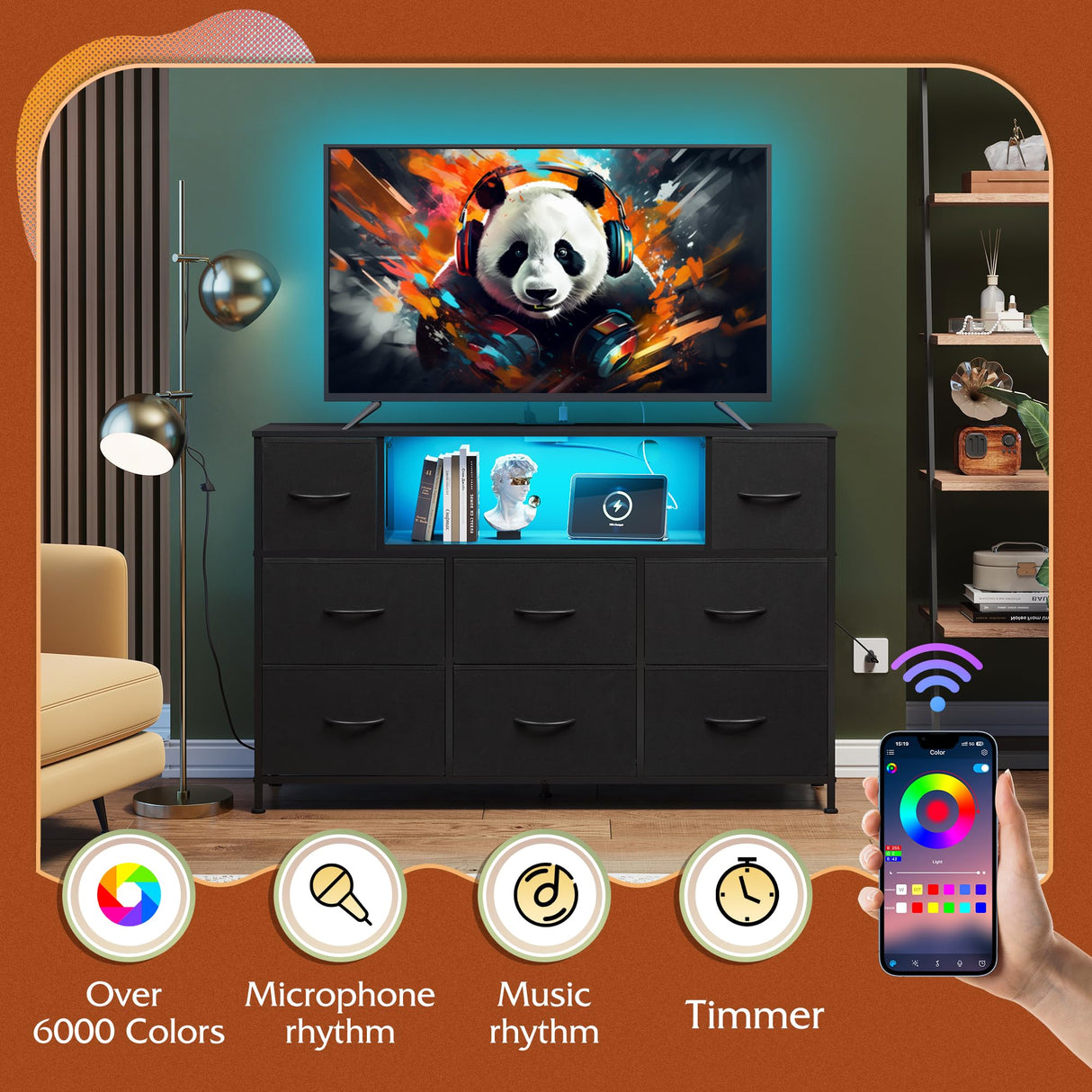 WLIVE Black Dresser for Bedroom, TV Stand for Bedroom for 55 inch TV with Charging Station and LED Lights, Fabric Chest of Drawers with Open Shelves, 8 Drawers Dressers for Living Room, Closet WLIVE