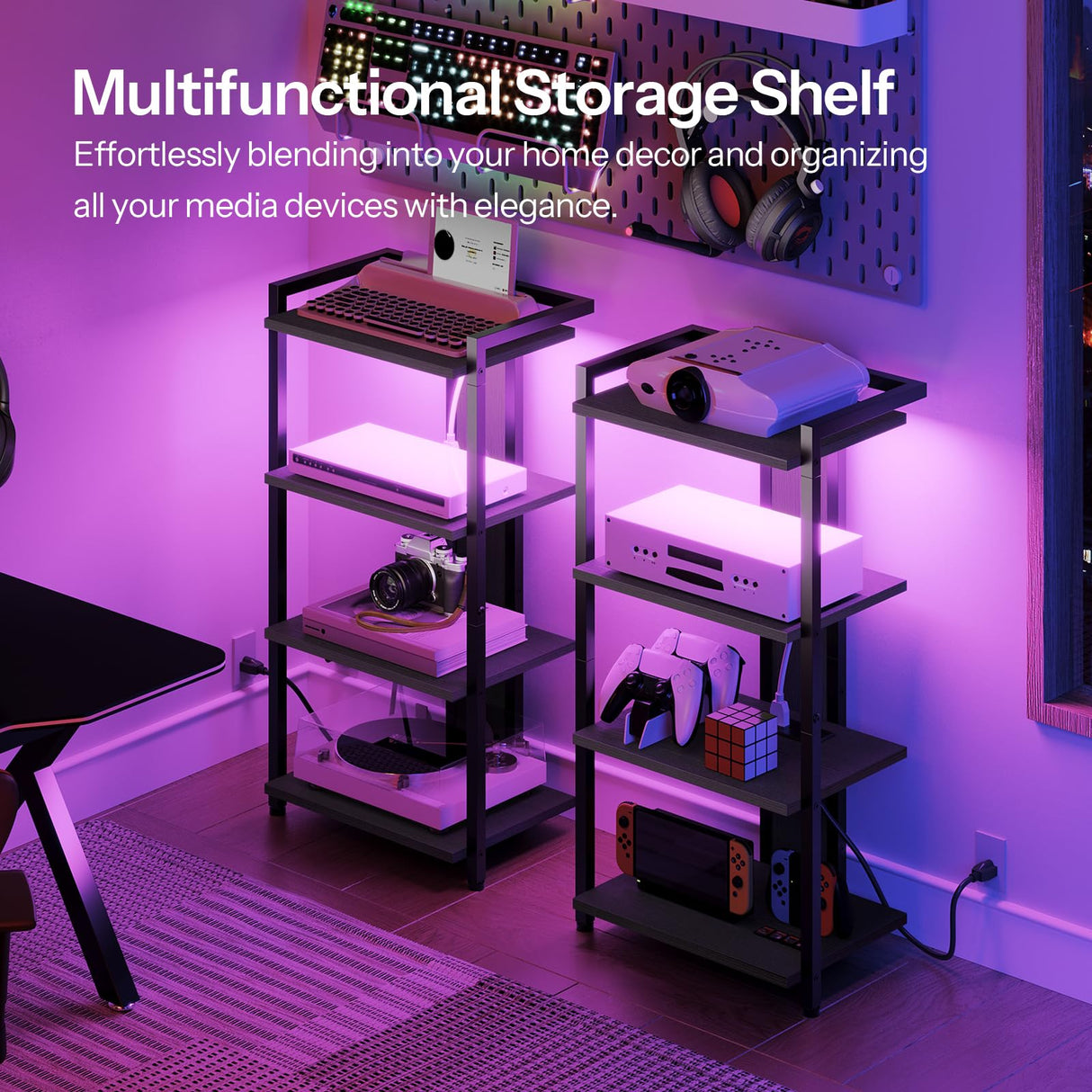 HOOBRO 4-Tier AV Media Console With Charging Station and LED Light, Wooden Stereo Cabinet, Corner TV Stand, Record Player, Entertainment Device, Black BB38UDCJ01 HOOBRO