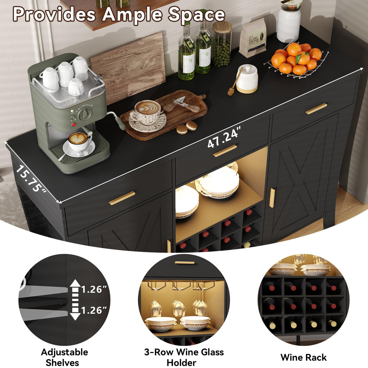 Wine Bar Cabinet with LED Light,Farmhous Liquor cabinet with Wine and Glass Rack,Coffee Station with Storage cabinet and 3 drawers,Buffet Sideboard with Arc Design for Kitchen,living room (Black) Gyfimoie