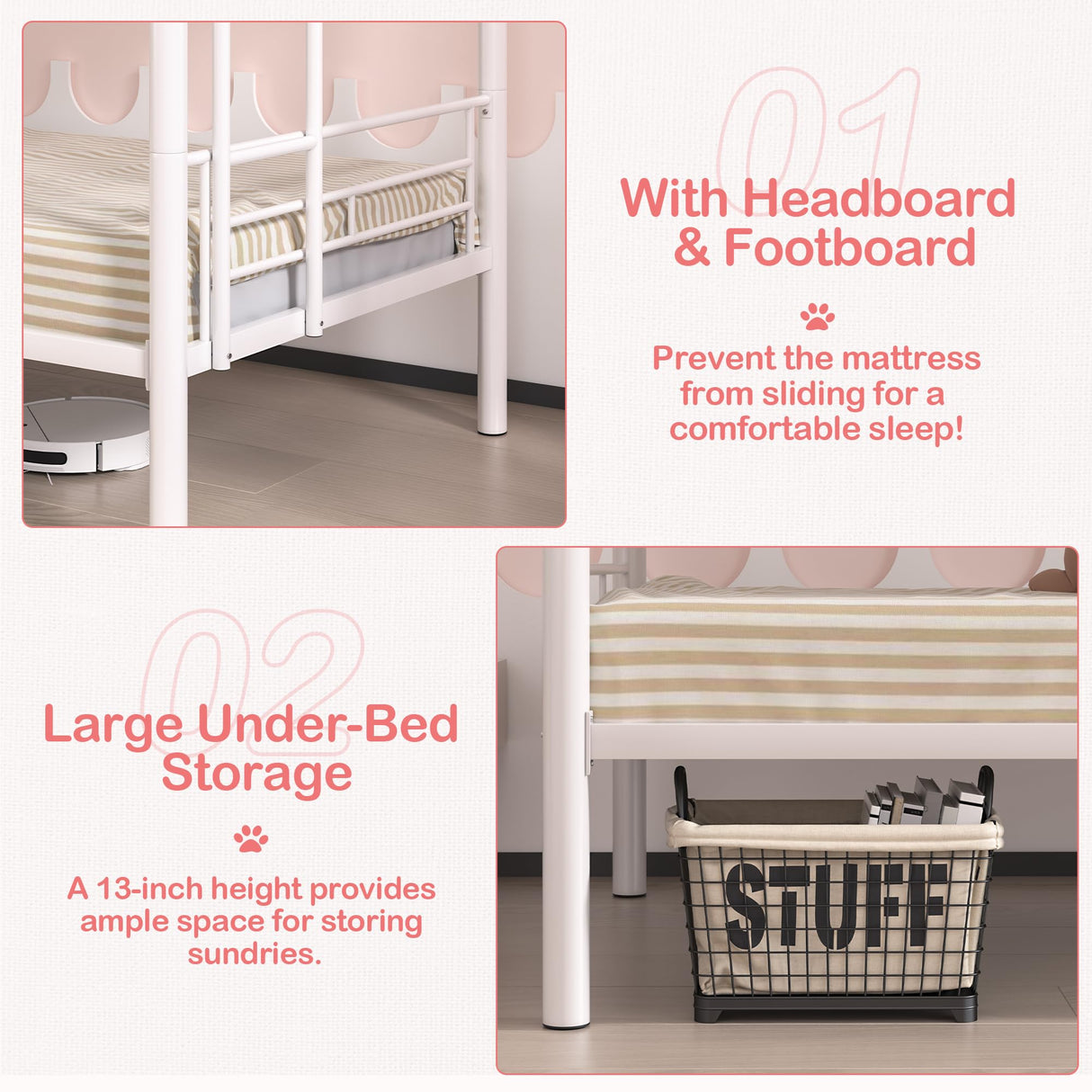 VECELO Metal Bunk Bed Twin Over Twin, Industrial Bunkbeds with Ladder and Full-Length Guardrail, Noise Free, No Box Spring Needed, Off White VECELO