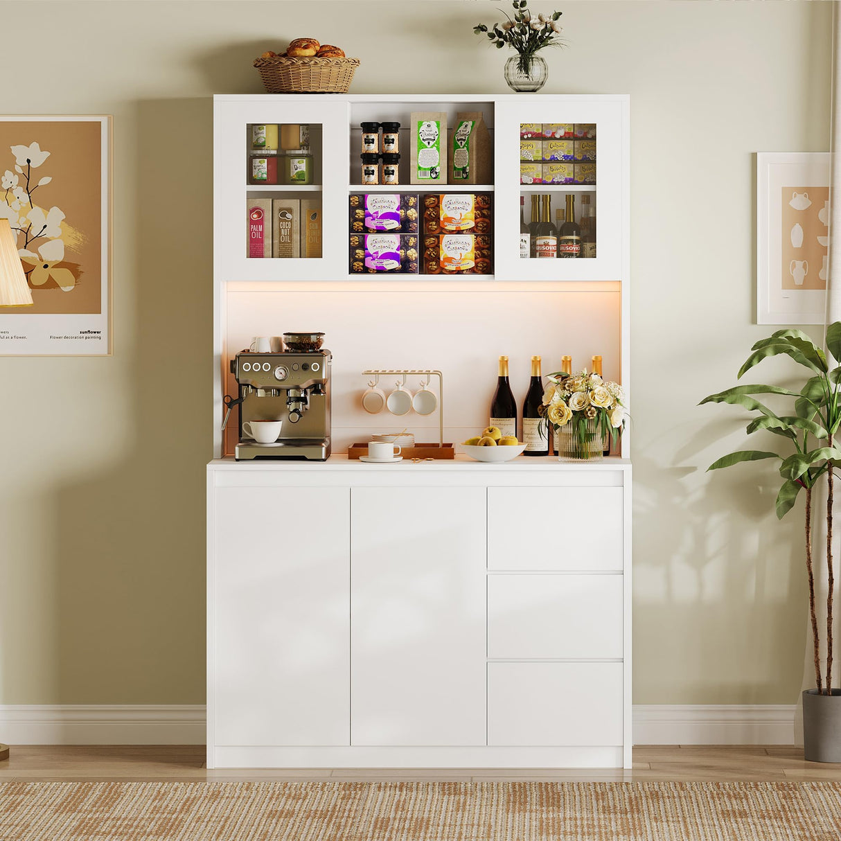 EcoSummer 71" Pantry Cabinet with LED Lights & Charging Station, Kitchen Storage Hutch with Adjustable Glass Door Shelves, Microwave Stand, Modern Cabinet for Home, Dining Room, or Compact Kitchen EcoSummer