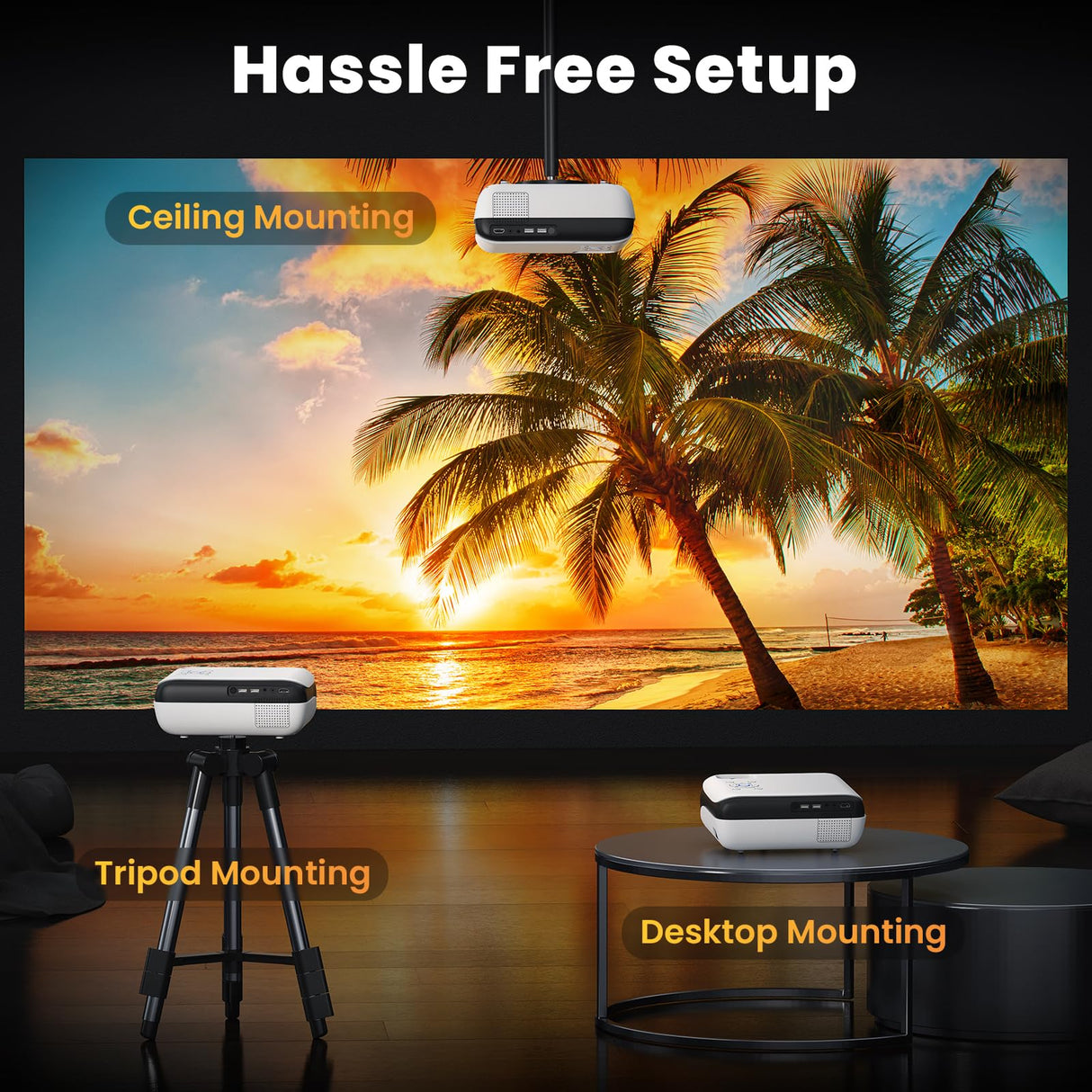 HAPPRUN Projector, Native 1080P Bluetooth Projector, Portable Outdoor Movie Projector, Full HD Mini Projector with Speaker for Home Bedroom, Compatible with Smartphone,HDMI,USB,AV,Fire Stick,PS5 HAPPRUN