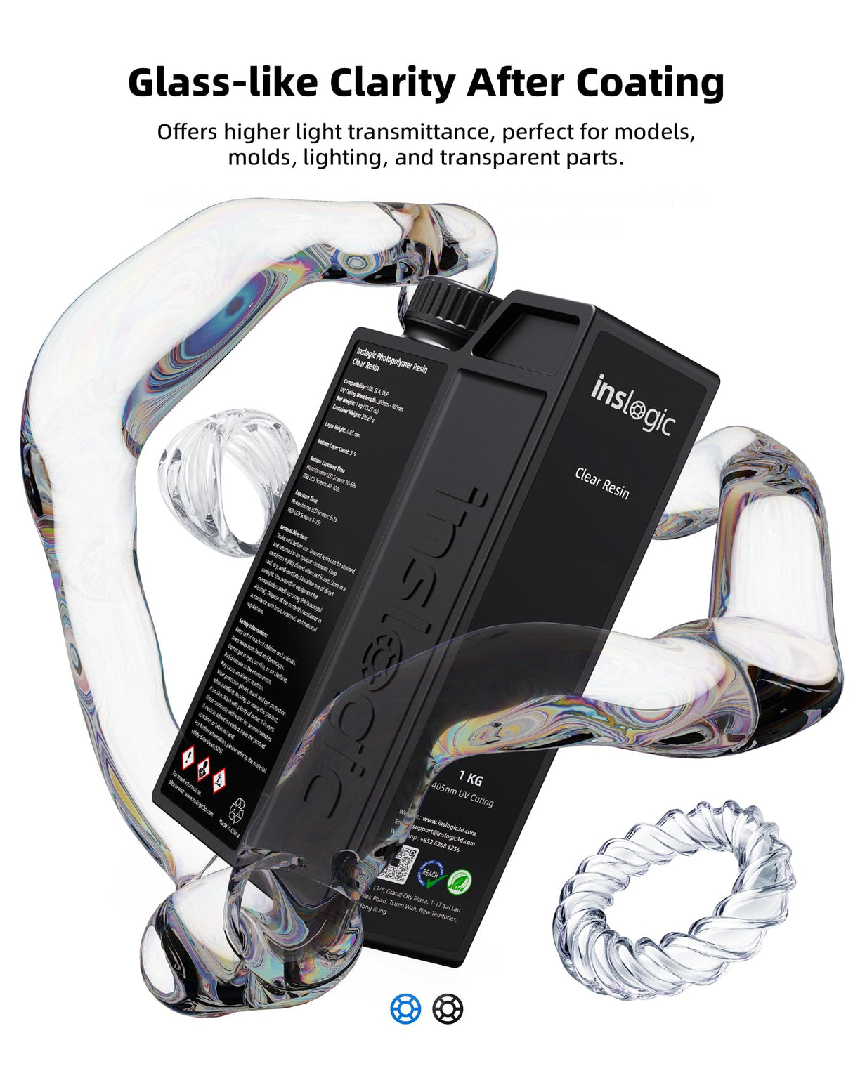 Inslogic Clear 3D Printer Resin, Yellowing & Blue Tint Resistant, Highly Transparent & High Precision & High Stability, 405nm UV-Curing Resin for LCD/DLP/SLA 3D Printing (Clear, 1kg) Inslogic