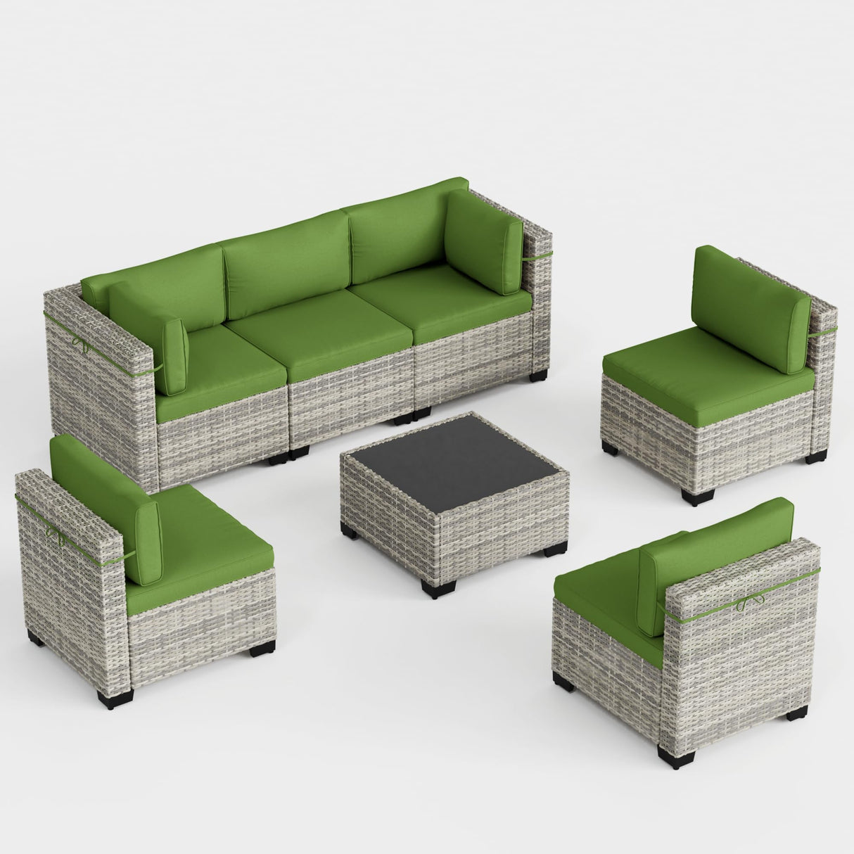 Muphyers 7-Piece Outdoor Patio Furniture Set, PE Wicker Rattan Sectional Sofa Conversation Set with Tempered Glass Table & Thick Cushions - All-Weather Garden, Backyard Furniture, Avocado Green Muphyers