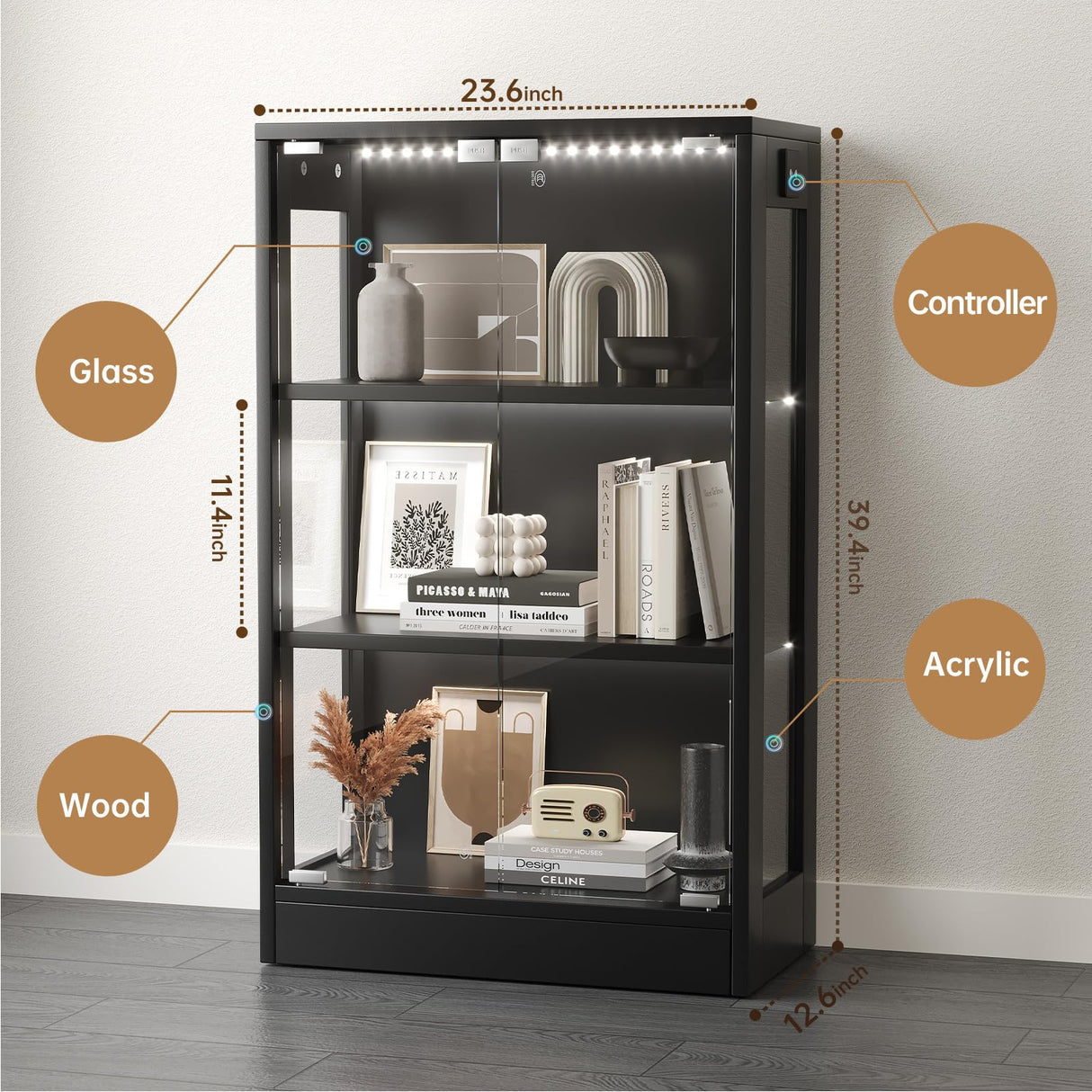 Airynee Display Cabinet with Glass Doors 3-Tier, 7 Vibrant Colors 3 Dynamic Lighting Modes HD Glass Storage Cabinet with Human Body Sensor(Black) Airynee