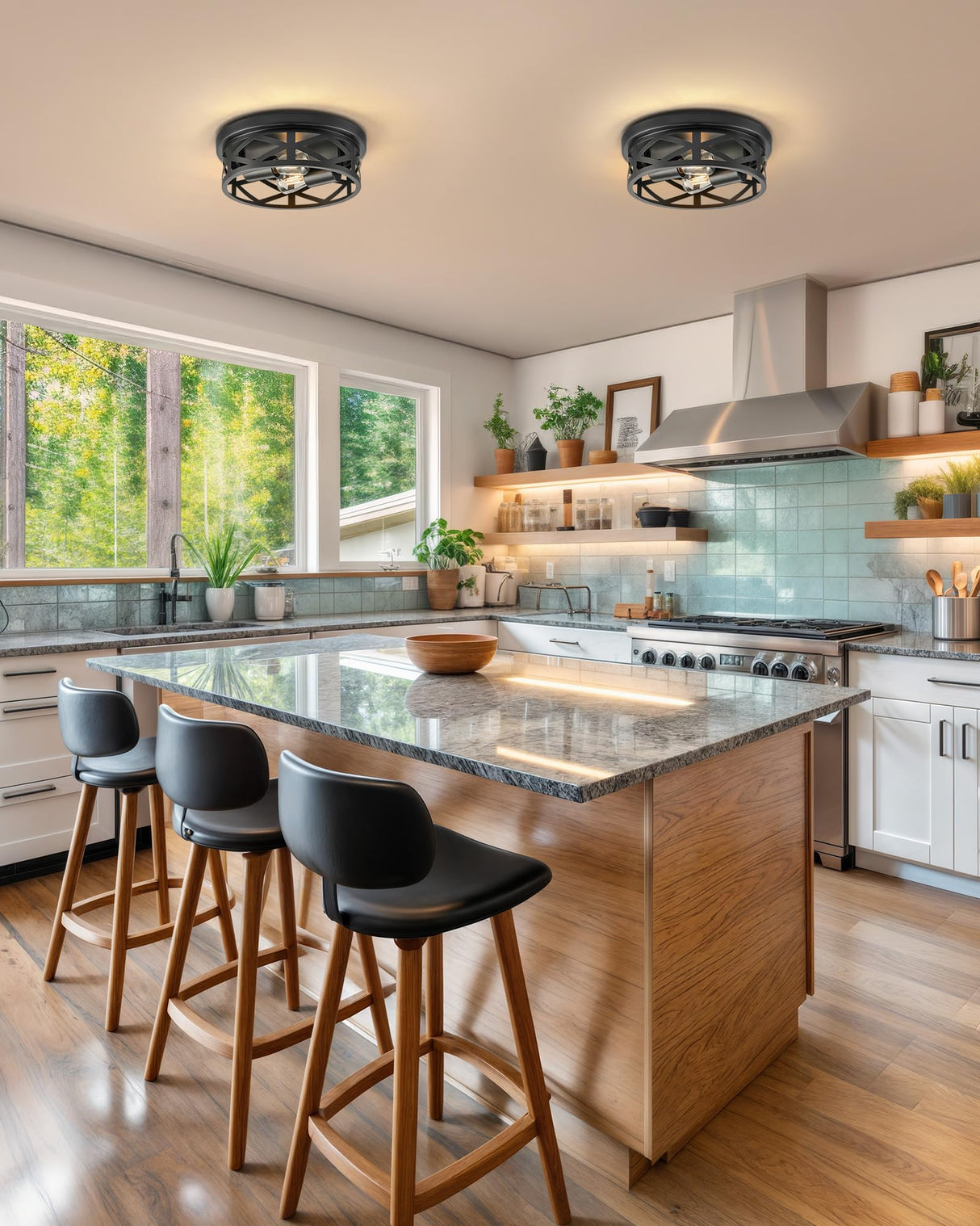 VONLUCE Flush Mount Ceiling Lights, 2-Light Hallway Ceiling Lighting Fixtures, 11 inch Farmhouse Metal Cage Ceiling Lights for Entryway Kitchen, Adjustable Lamp Holders, ETL, 2 pcs, Black VONLUCE