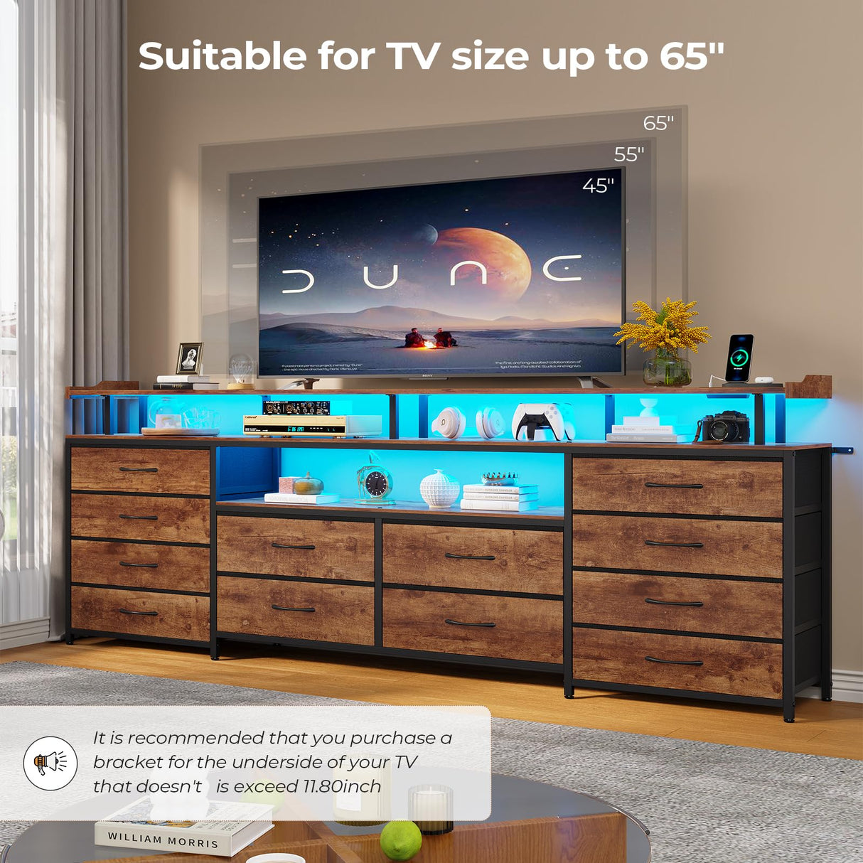 HAUOMS TV Stand Dresser for 65 Inch TV, 63" W Dresser with LED Lights & Power Outlets, Rustic Brown Long Dresser with 12 Fabric Drawers, Entertainment Center with Shelves,for Bedroom HAUOMS