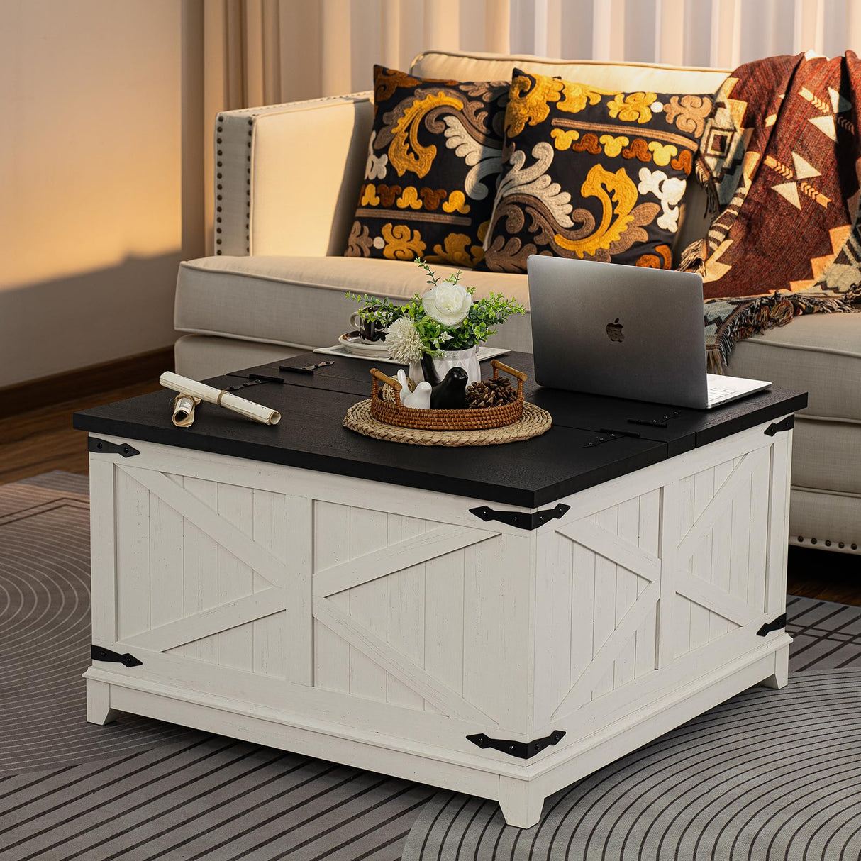 Joaxswe Farmhouse Coffee Table with Hidden Storage Compartment, Antique Black & White Square Large Center Table for Living Room, Wood Rustic Wide Coffee Tables with Hinged Lifting Tabletop for Home Joaxswe