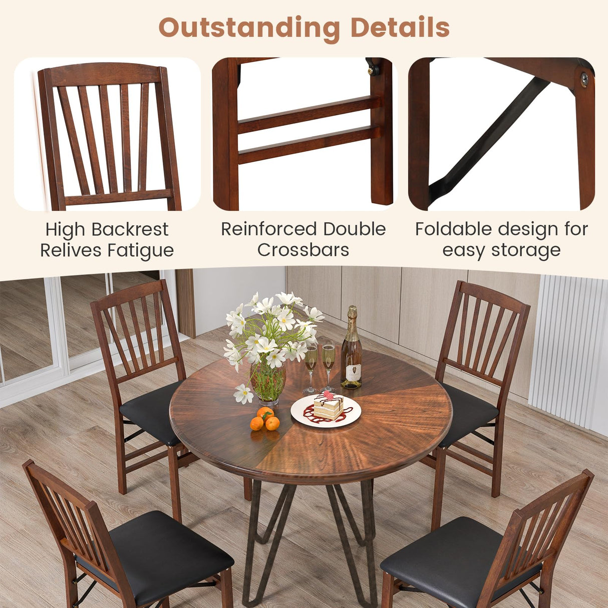 KOTEK Folding Dining Chairs Set of 2, Wooden Kitchen Chairs with Padded Seat & Solid Wood Frame, 400 LBS Weight Capacity, No Assembly Foldable Chair for Dining Room, Living Room KOTEK