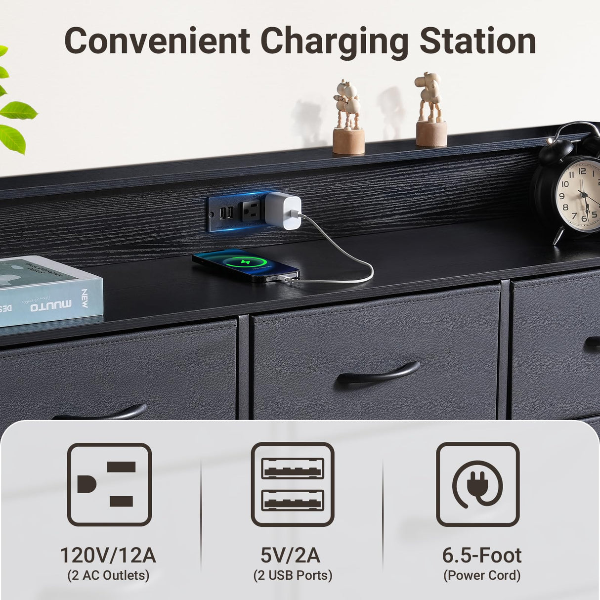 ELYKEN Black Dresser for Bedroom with LED Light & Charging Station, 9 PU Finish Fabric Drawers Dressers & Chest of Drawer with USB Outlet for for Entryway Closet Living Room Hallway ELYKEN