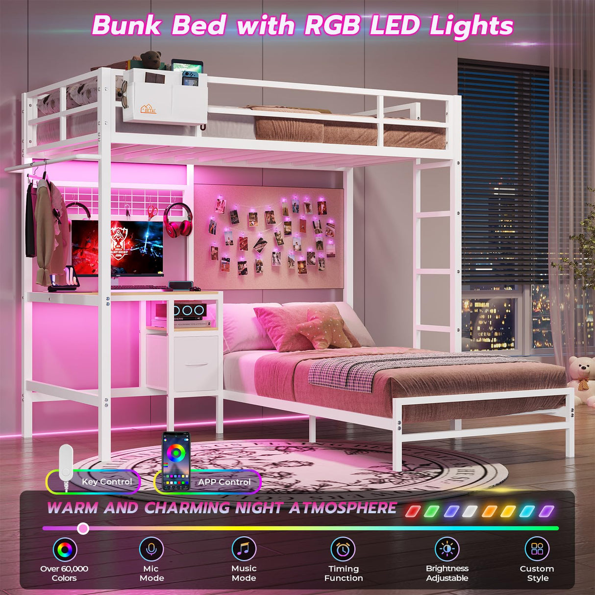 DICTAC Twin Size Bunk Bed with Desk and Charging Station Metal Loft Bed with Led Lights & Storage Shelves and Drawers L-Shaped Twin Over Twin Size Bunk Bed for Teen,Safety Guardrail and Ladder,White DICTAC