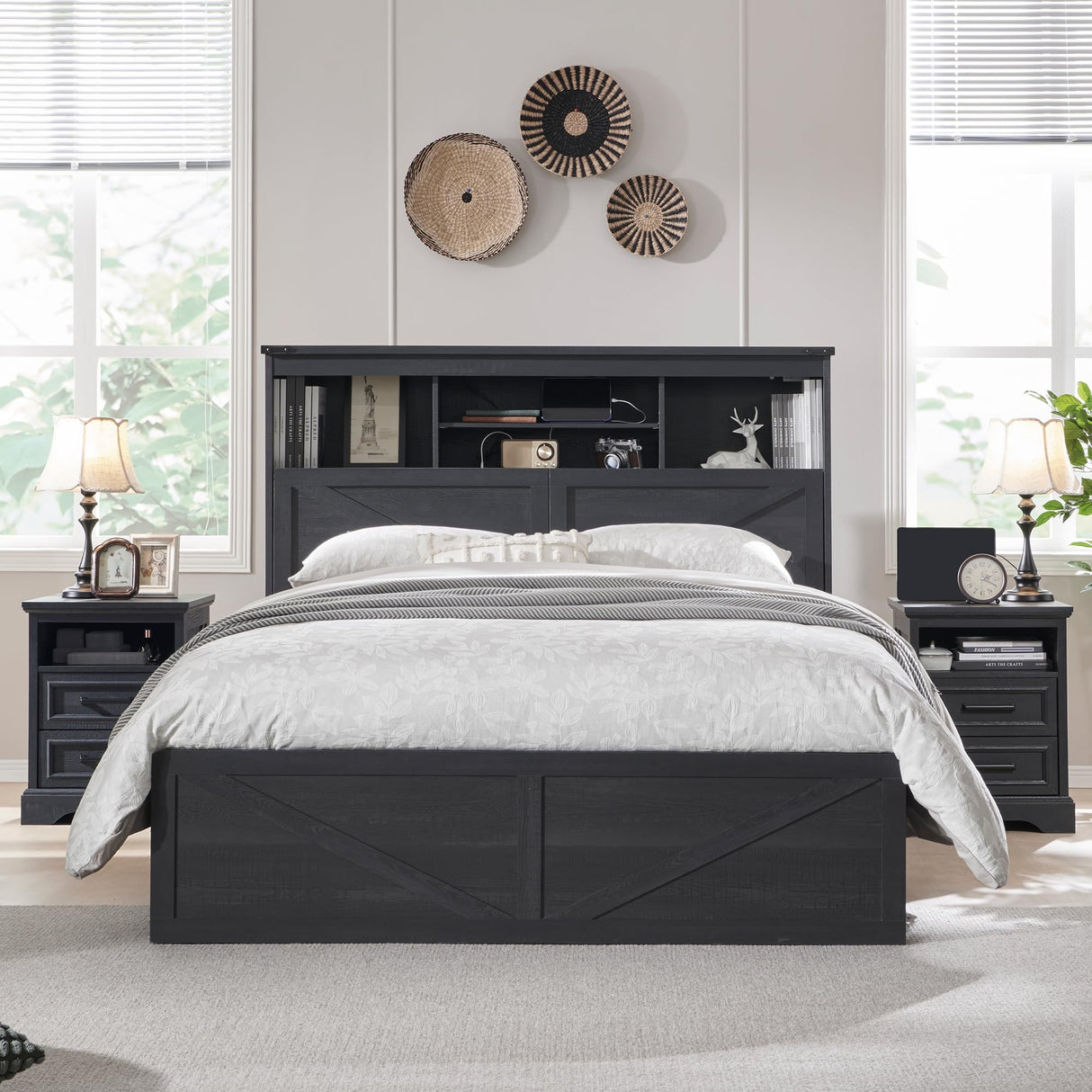 ACCOHOHO Queen Size Wood Bed Frame Farmhouse with 52" Tall Storage Bookcase Headboard, LED Light,Charging Station,4 Drawers and Solid Wood Slats Support,Noiseless,No Box Spring Needed - Black ACCOHOHO