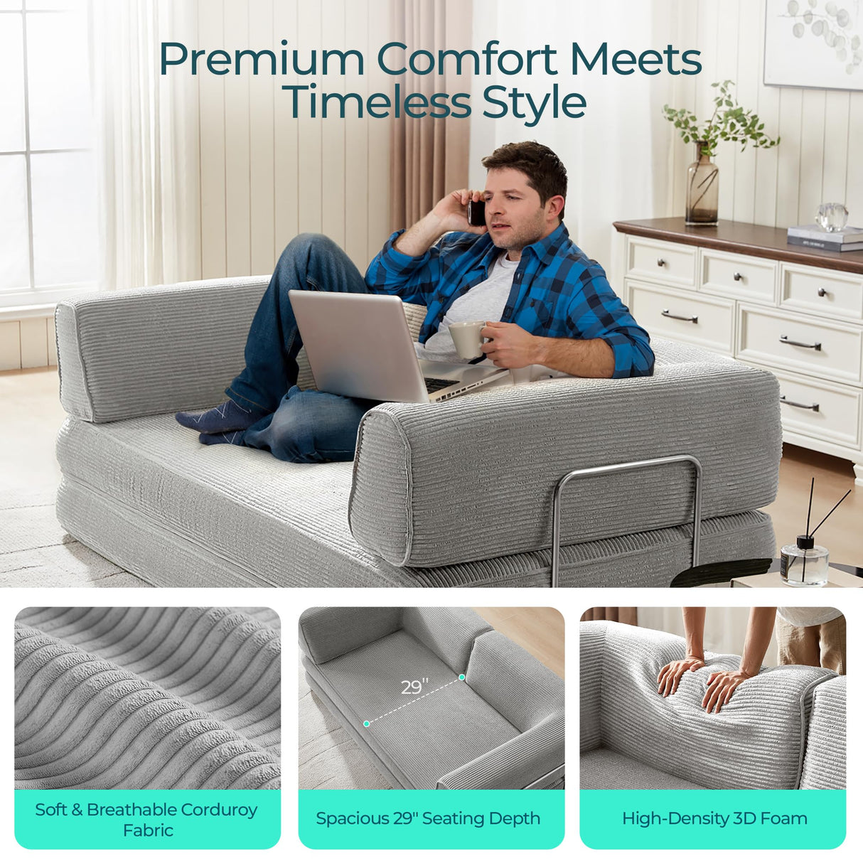 LINSY HOME 79'' Convertible Sofa Bed - Boneless Compression Sofa Folding Loveseat Sleeper - Foldable Corduroy Couch Bed for Living Room Bedroom - Modular Sectional Compressed Sofa in Box, Grey LINSY HOME