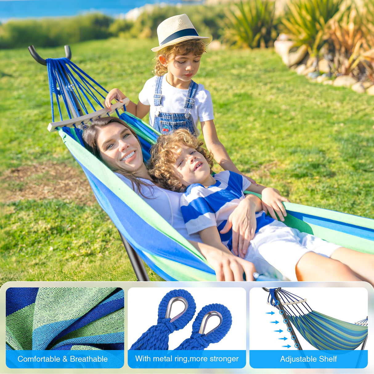 ANAGOO Double Hammock with Stand, 2 Person Hammock with Carrying Bag,Heavy Duty Portable,500 lb Capacity, Perfect for Both Indoors and Outdoors,Wide Blue ANAGOO