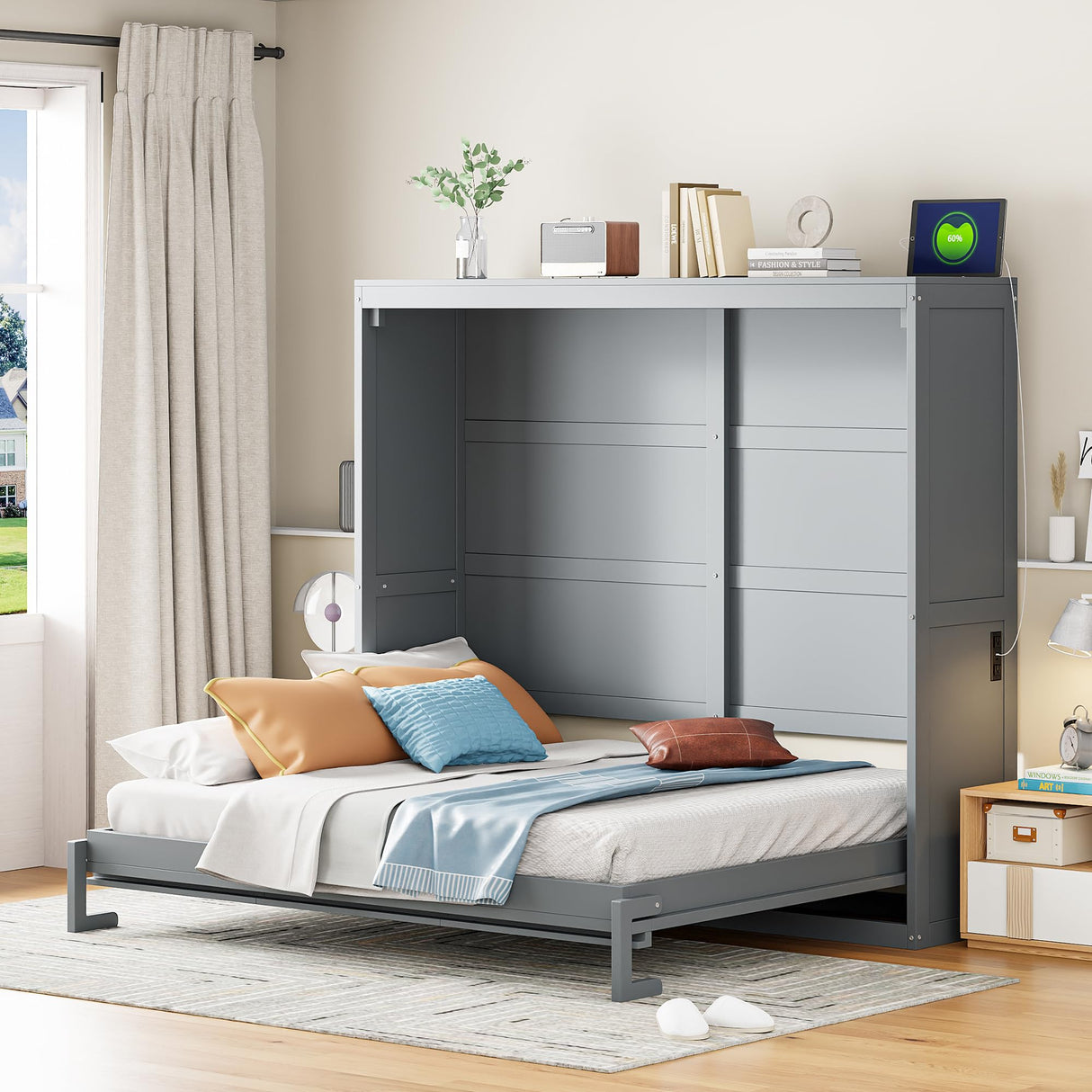 Harper & Bright Designs Full Size Murphy Bed Cabinet Wall Bed Chest, Solid Wood Queen Platform Bed Frame, Space-Saving for Multipurpose Guest Room Bedroom or Home Office, Gray Harper & Bright Designs