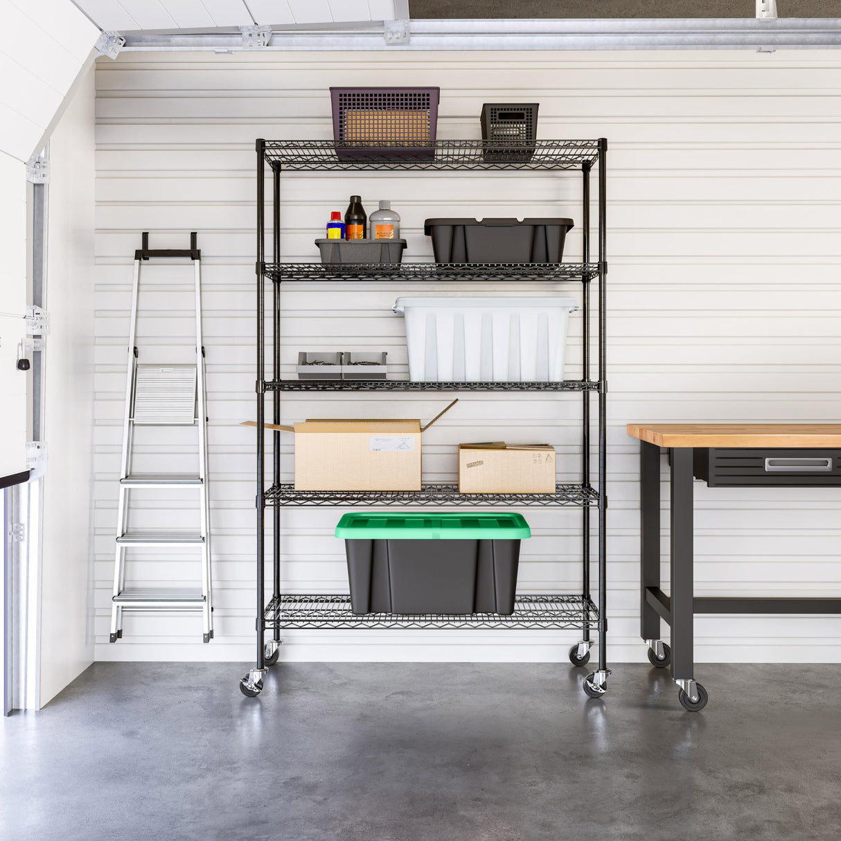 Seville Classics UltraDurable Heavy Duty NSF Solid Steel Wire Rack Storage Unit, Organizer for Garage, Warehouse, Office, Restaurant, Classroom, Kitchen, Black, 5-Tier Shelving, 48" W x 18" D Seville Classics
