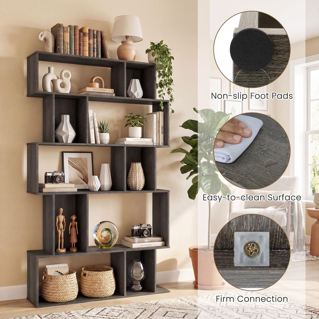 Giantex 5-Tier Bookshelf, 10-Cube Geometric Book Case with 5 Closed-Back Cubbies, Anti-toppling Kits, Open Display Storage Shelf for Living Room, Home Office, Bedroom, Gray Giantex