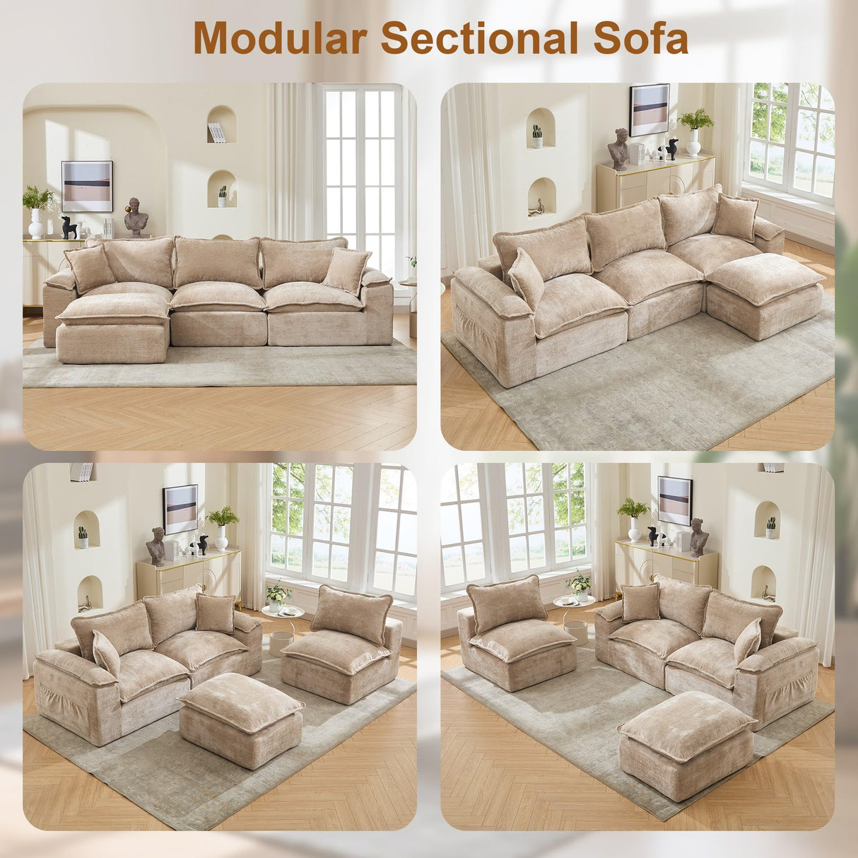 Korser 122" Sectional Couches for Living Room, Modular Boneless Couch with Deep Seat & Fluffy Cushion, Cozy Double-Layer Cushioned Sofa with Convertible Ottoman, Comfy Cloud Sofa, No Assembly Required Korser