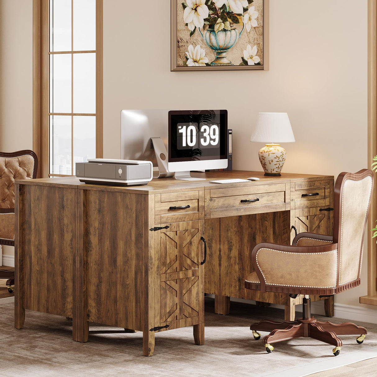 Tribesigns Farmhouse Executive Desk, 59-Inch Executive Computer Desk with File Drawers and Storage Cabinets, Rustic Writing and Study Desks for Home Office Tribesigns