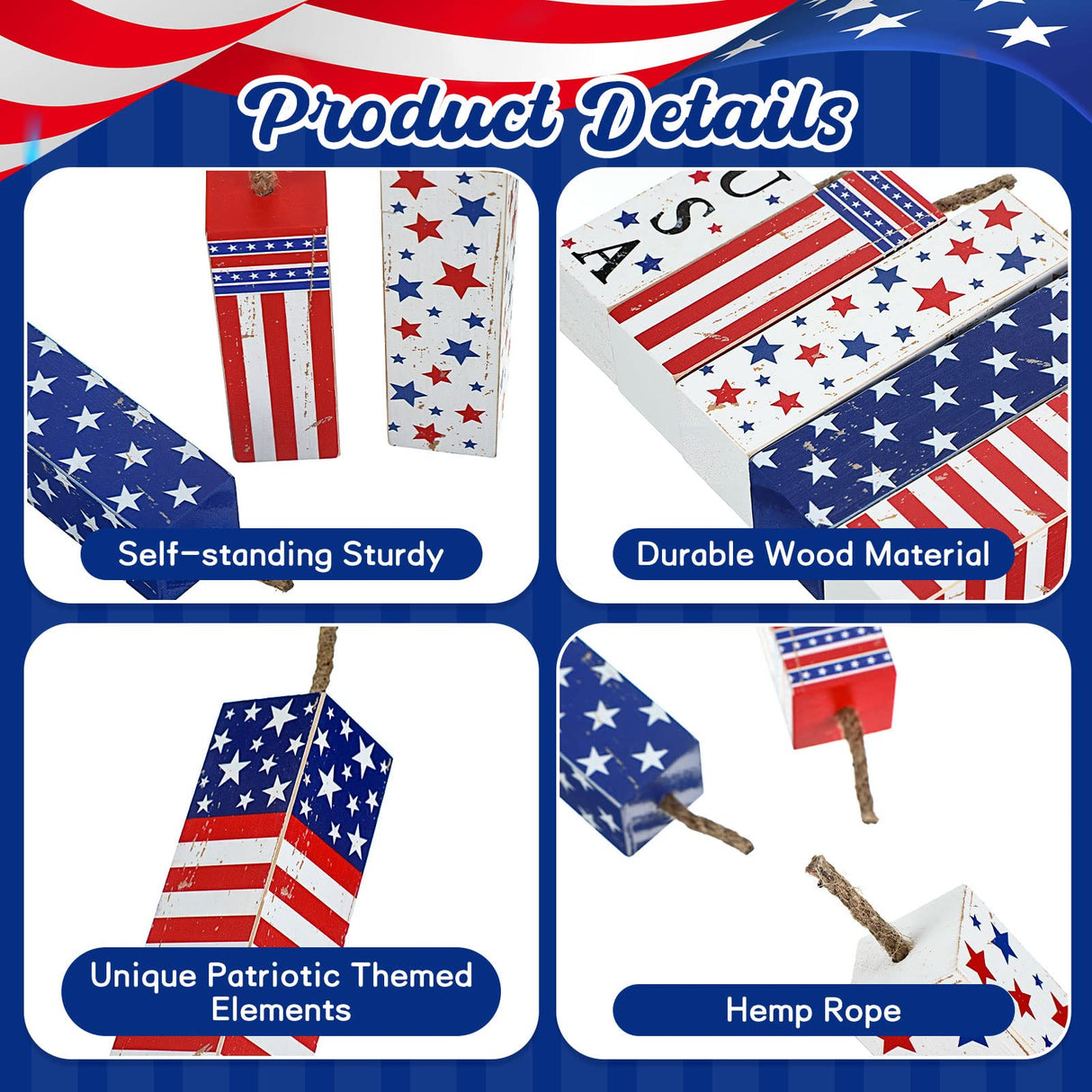 Weysat 5 Pcs 4th of July Tiered Tray Decor Wooden Rustic Patriotic Fireworks Centerpiece Wood Memorial Day Independence Day Red White and Blue Decorations for Farmhouse Home Table Decor Weysat