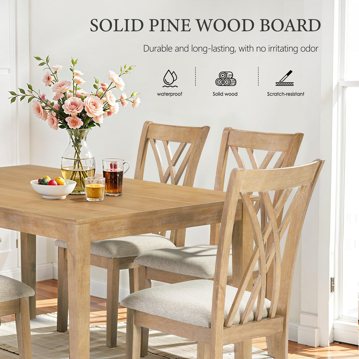 7-Piece Farmhouse Dining Table Set with 6 Upholstered Chairs & 60-Inch Solid Wood Table, Whitewash Finish - Rustic Kitchen Furniture, Padded Seats, Comfortable Dining Room Set for 6 SDHYL