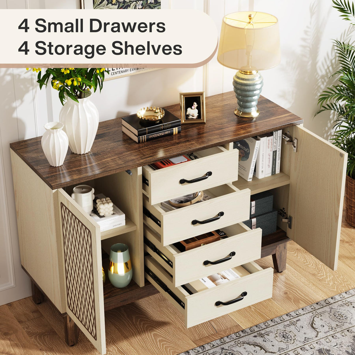 Tribesigns 4 Drawer Dresser, 47.2-Inch Farmhouse Chest of Drawer with 4-Tier Storage Shelves, Wood Dresser Organizer Cabinet for Bedroom Living Room Tribesigns