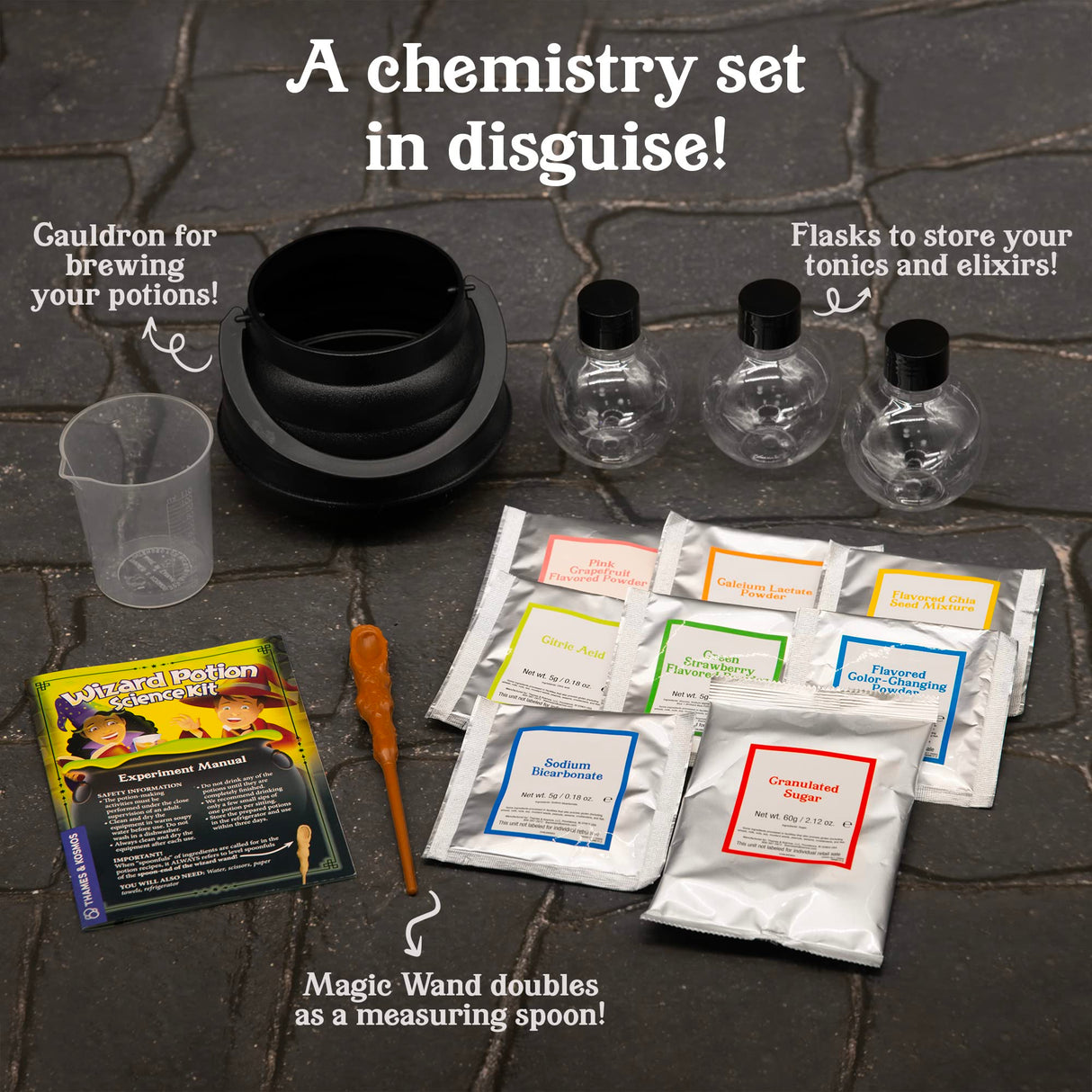 Tasty Labs Wizard Potion Science Kit - Make 5 Magical Potions, Chemistry Experiments Safe to Drink, Includes Cauldron & Wand - Study Reactions, Polymers & More Thames & Kosmos