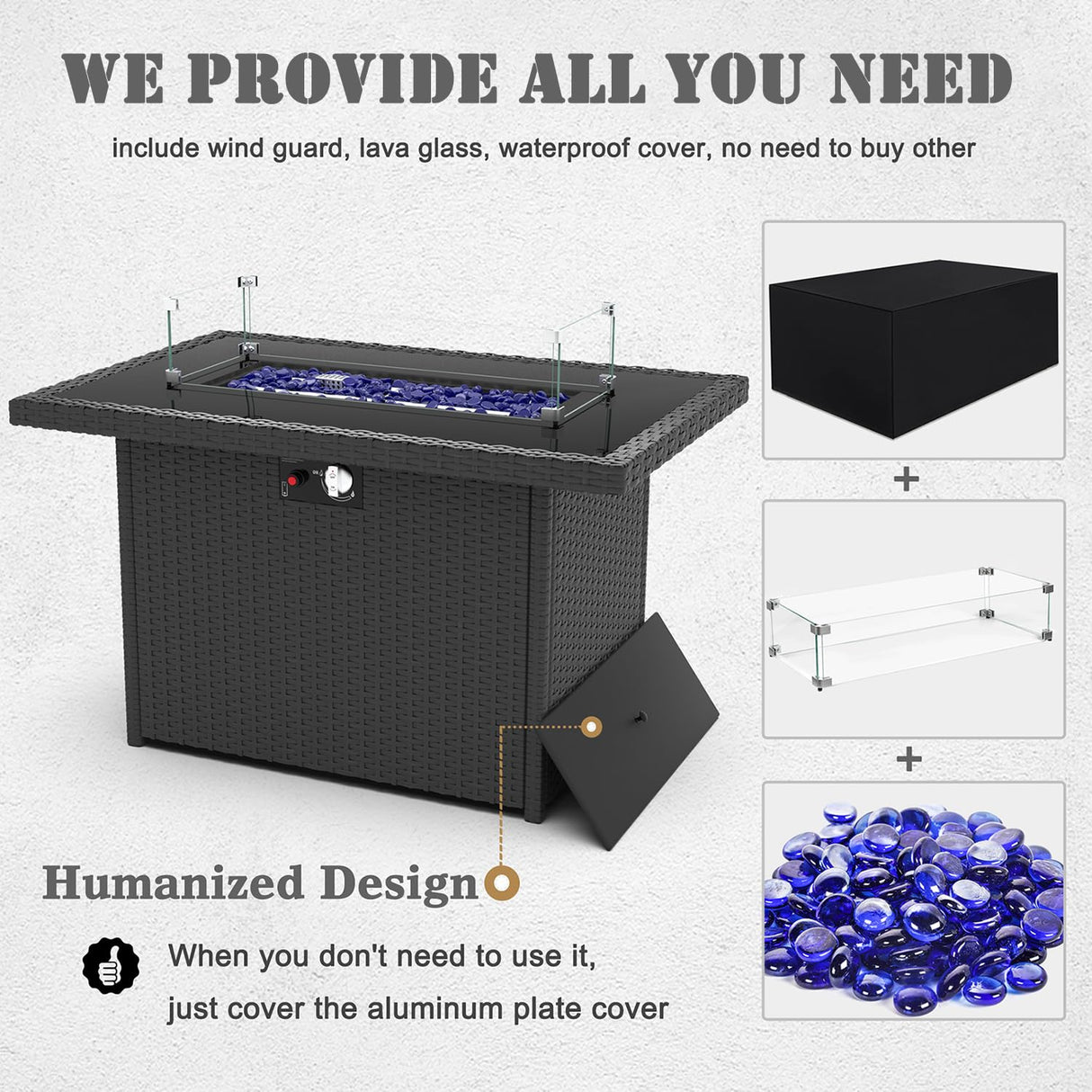 Vakollia 7 Piece Modern Outdoor Rope Wicker Sectional Patio L-Shaped Conversation Sofa Set Deep Seating with Fire Pit Table Vakollia