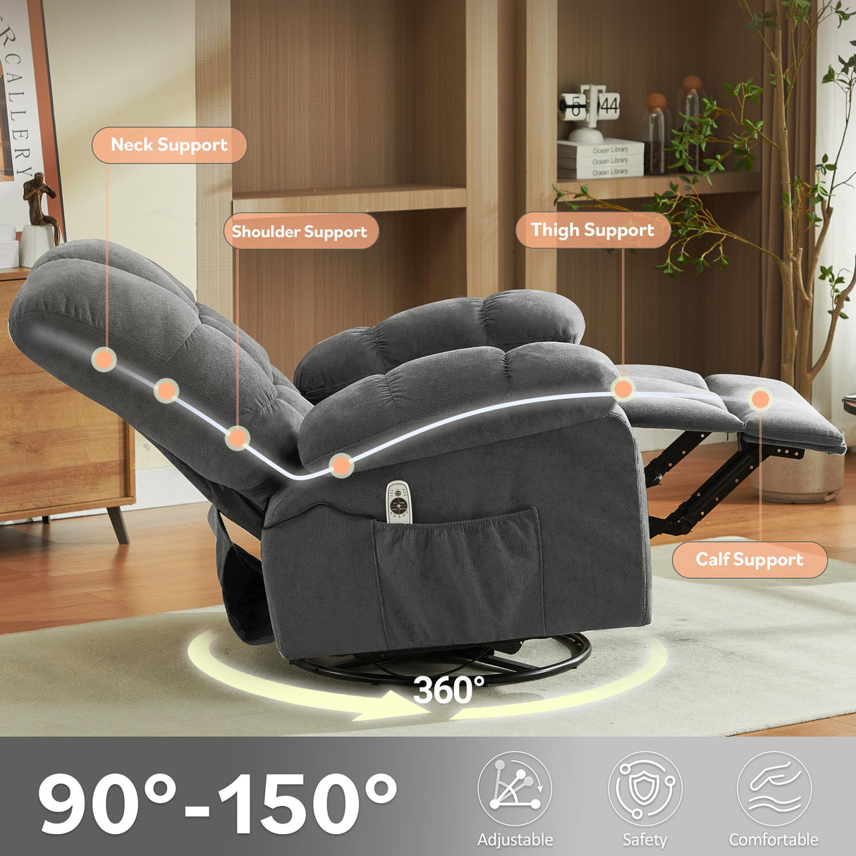 MAHOMICO Swivel Rocker Recliner Chair with Vibration Massage and Heat for Living Room with Rocking Function and Side Pocket, USB Charge Port,Nursery MAHOMICO