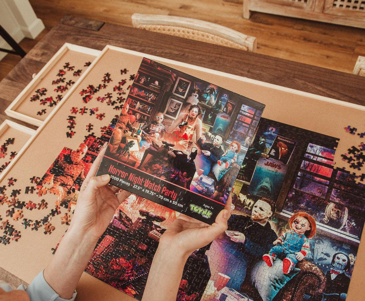 Horror Night Watch Party 1000-Piece Jigsaw Puzzle by Rachid Lotf | Brain Teaser for Adults, Educational Developmental Toys & Games, Building Kit Activities to Encourage Creative Play | 28 x 20 Inches Toynk