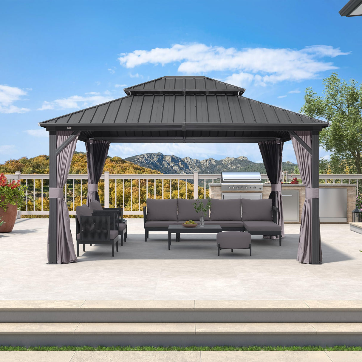 PURPLE LEAF 12' X 14' Hardtop Gazebo Patio Hardtop Gazebo with Heavy Duty Galvanized Steel Double Roof for Patio Lawn Garden, Netting and Curtains Included, Grey PURPLE LEAF