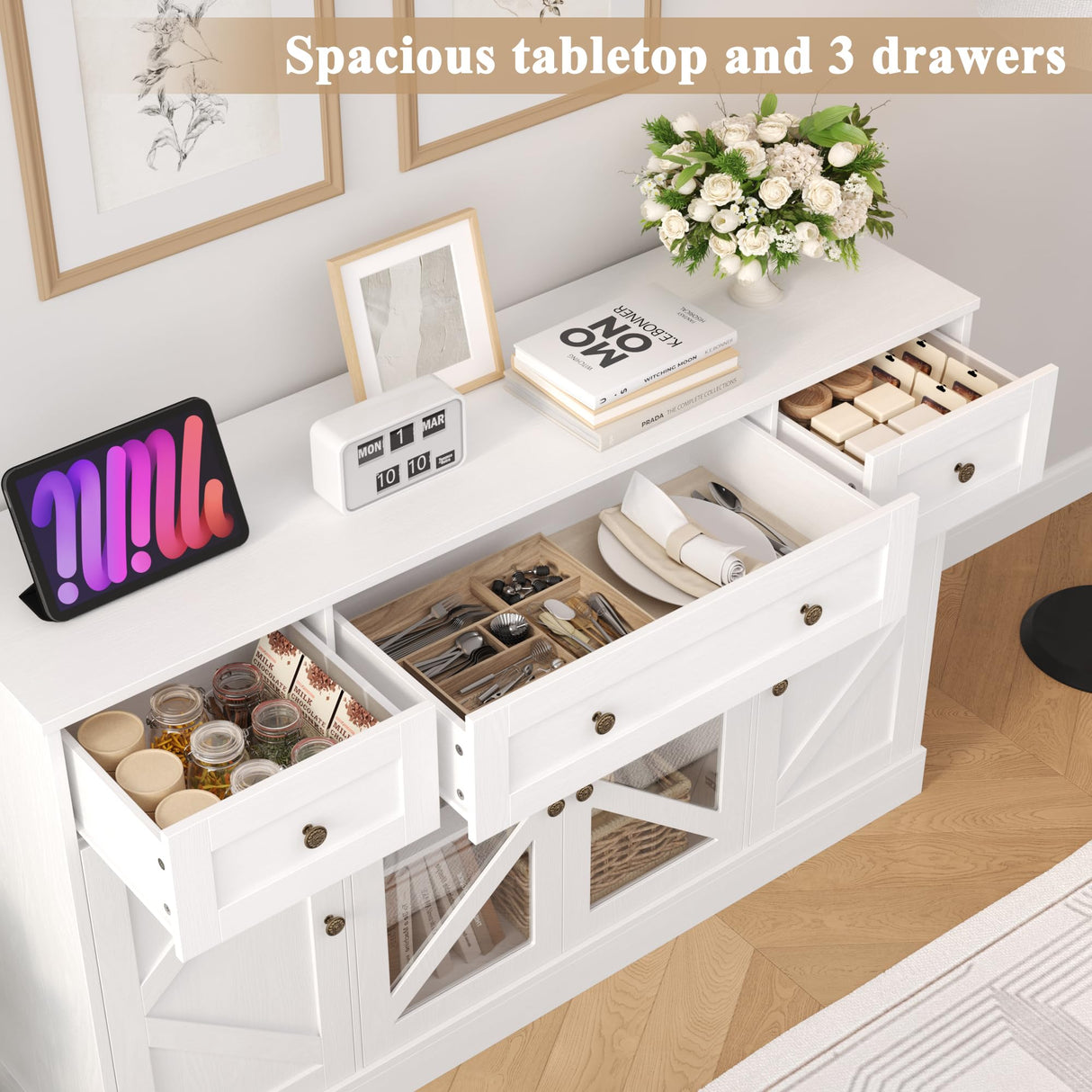 Keyluv Buffet Sideboard 55" Large Storage Cabinet 4 Doors and 3 Drawers, Farmhouse Wooden Coffee Bar Space-Saved Cupboard Furniture for Dining Room, Kitchen, Living Room, White Keyluv