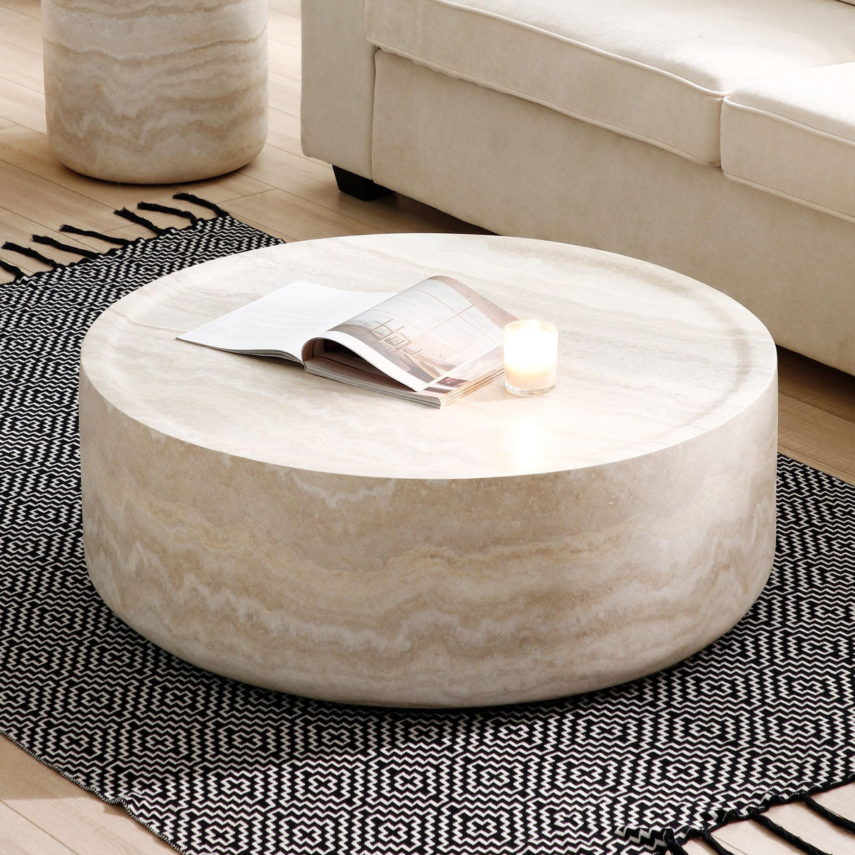 KEIKI 35" Round Fiberglass Coffee Table with Faux Mars Pattern, Modern Style Circle Coffee Table with Faux Travertine Textured, No Assembly Required, for Living Room, Bedroom, Reception Room, Marble KEIKI