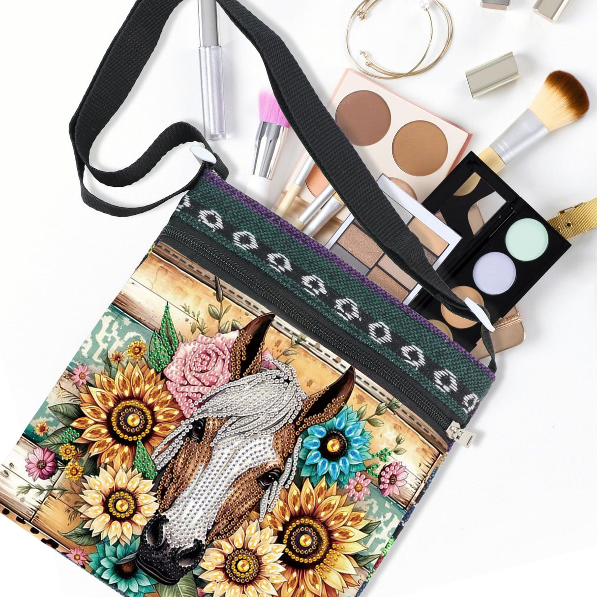 5D DIY Diamond Painting Shoulder Bag for Adults - Sunflower & Horse Design, Special Shape Crystal Rhinestone Art Handbag, Partial Diamond Art Craft Kit, Stylish Gift for Women antor