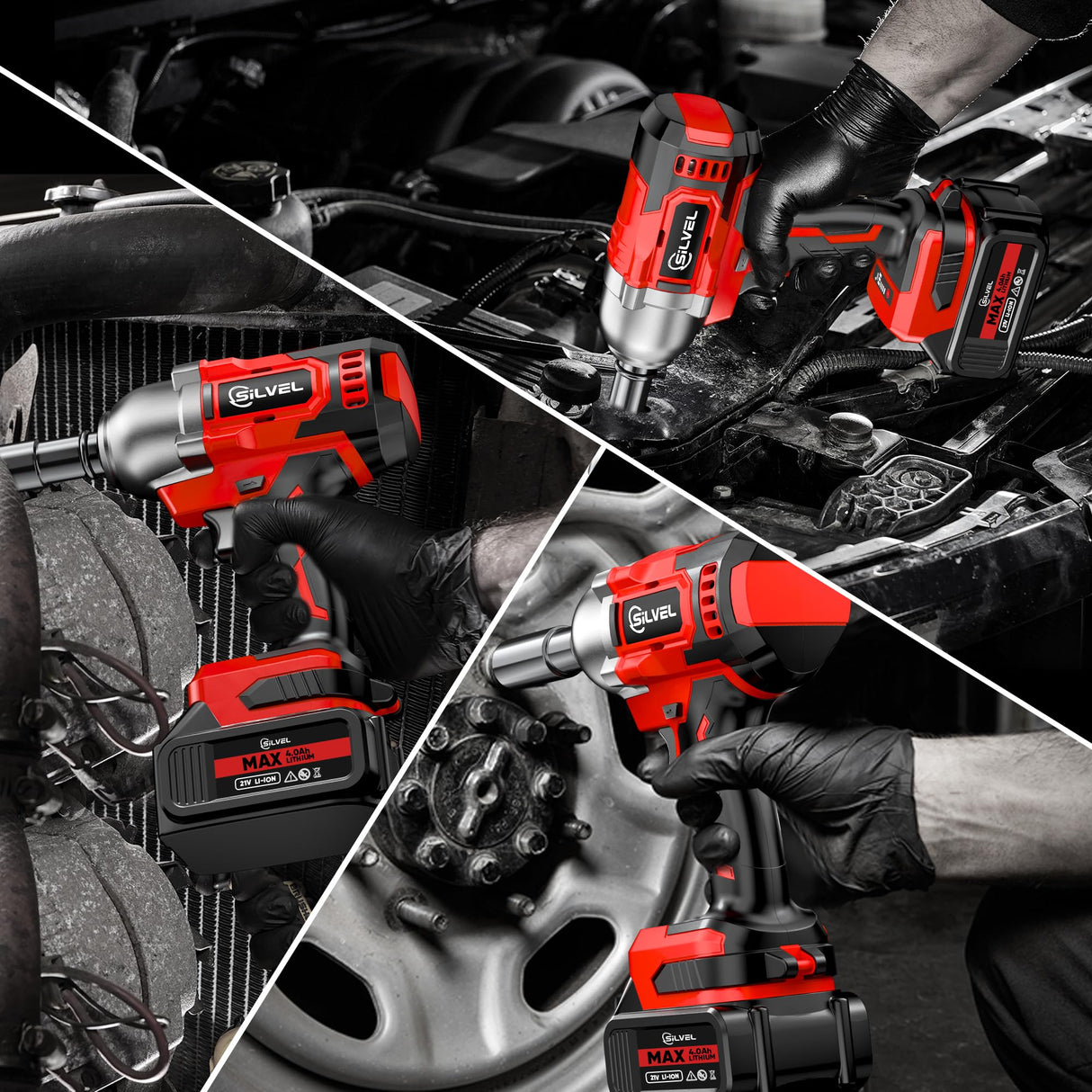 SILVEL Cordless Impact Wrench, MAX 650N.M Brushless Impact Gun 1/2 inch, 4.0Ah Battery, 6 Sockets, 3300RPM Impact Driver wih Fast Charger SILVEL