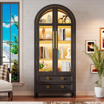 EOAWE Arched Curio Cabinet with Glass Doors, 4-Tier Display Cabinet with 2 Drawers, Tall Bookcase with 3 Color Lights, Display Case, Kitchen Pantry, Black+Wood